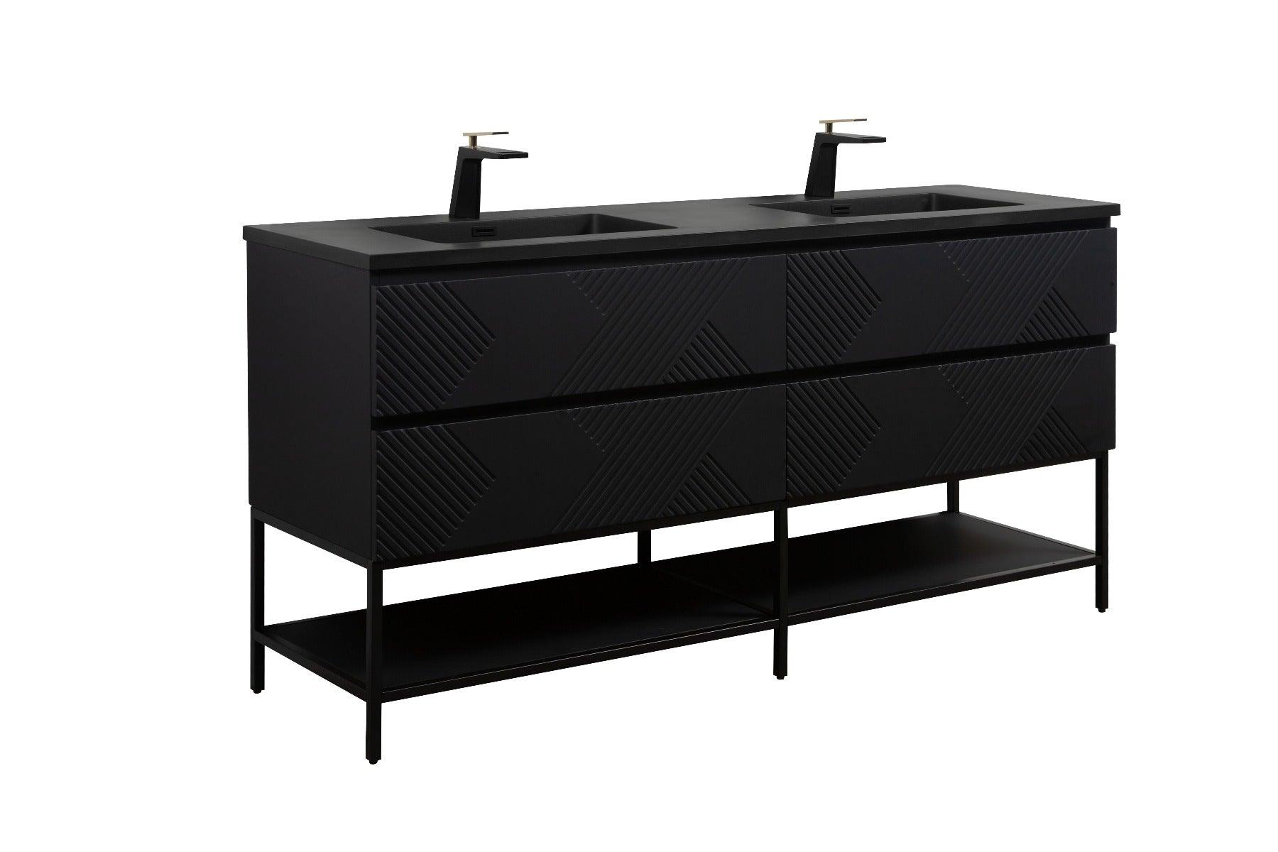72" Black Wall Mount Double Sink Bathroom Vanity with Black Engineered Quartz Countertop & Open Shelf – Image 3