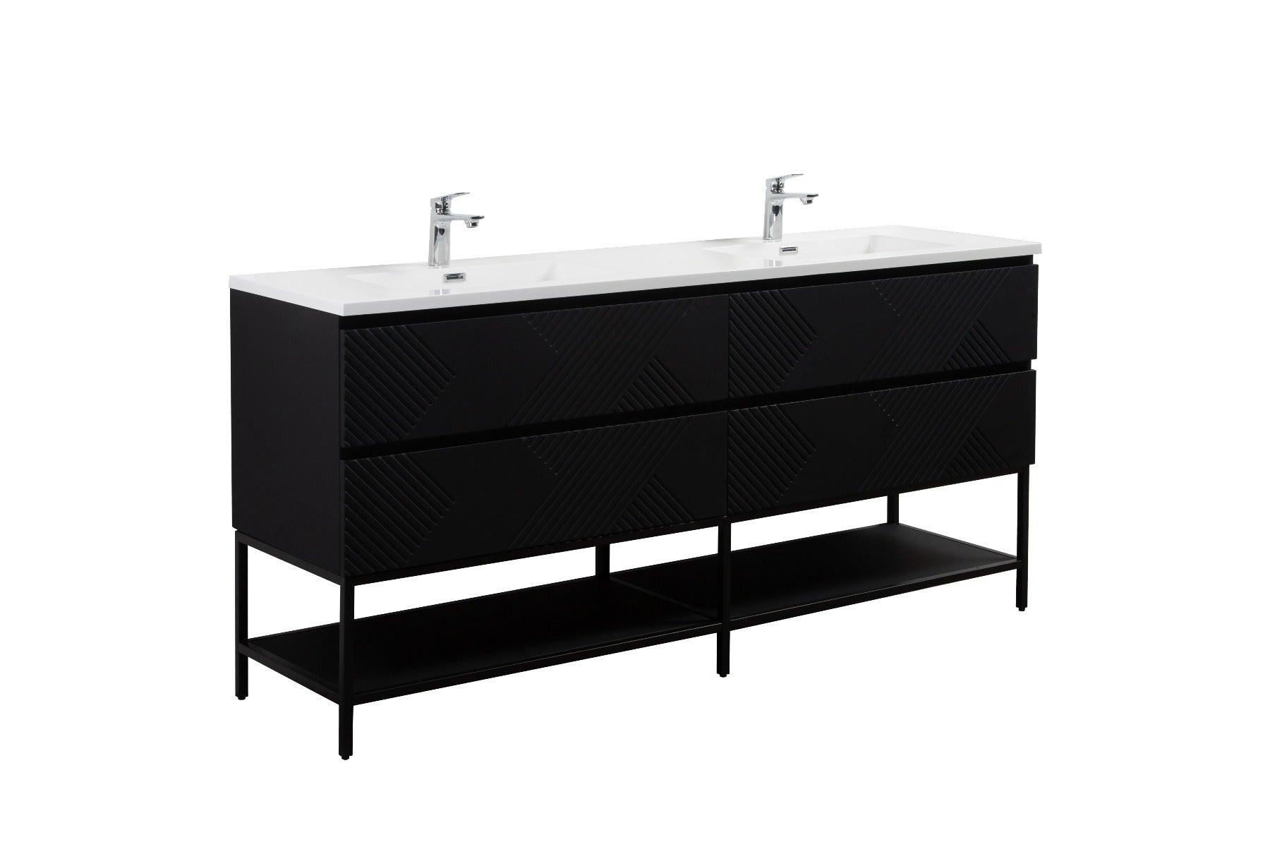 72" Black Wall Mount Double Sink Bathroom Vanity with White Polymarble Countertop & Open Shelf – Image 3