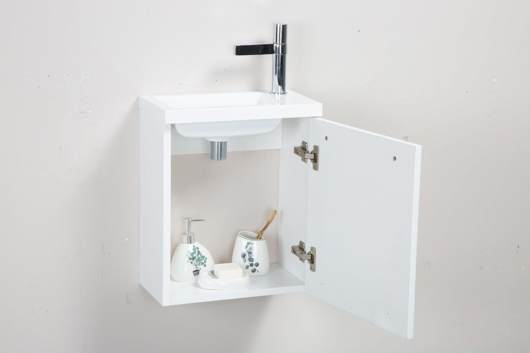 16" White Wall Mount Bathroom Vanity with White Polymarble Countertop Wallie - Image 6