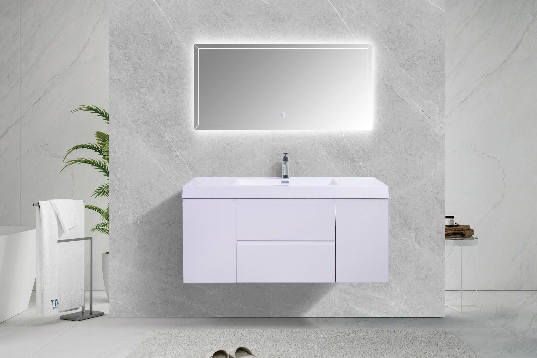 48" Glossy White Wall Mount Single Sink Bathroom Vanity with White Polymarble Countertop – Image 2
