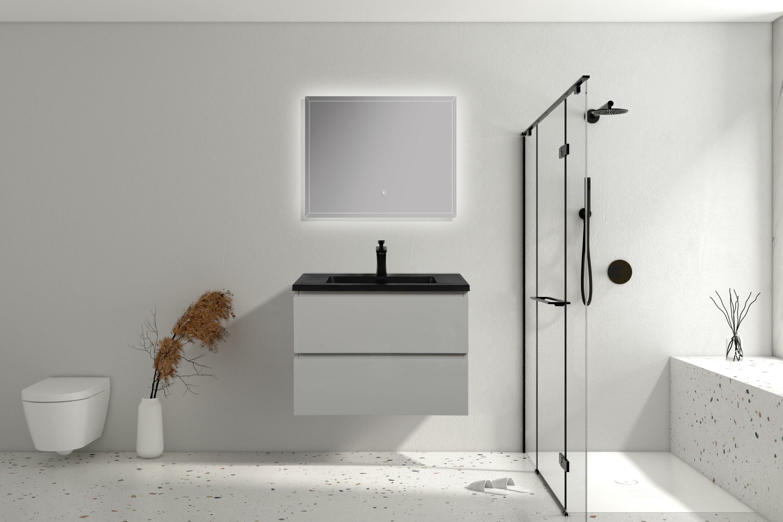 28" Grey Wall Mount Single Sink Bathroom Vanity with Black Engineered Quartz Countertop – Image 1