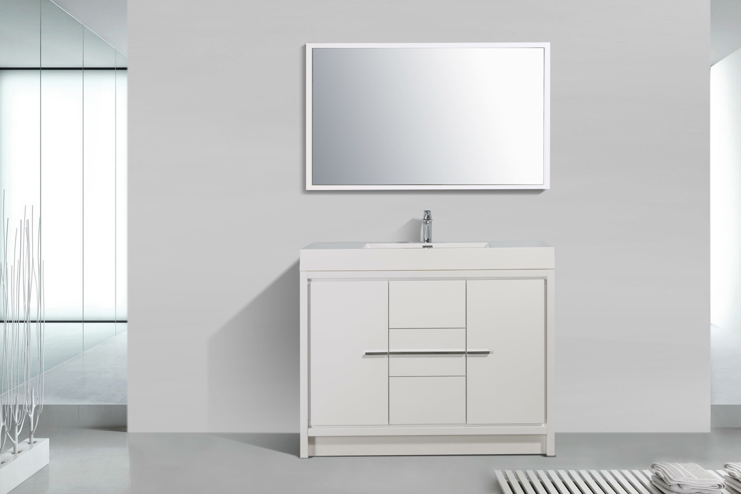 48" Glossy White Freestanding Single Sink Bathroom Vanity with White Polymarble Countertop - Image 2