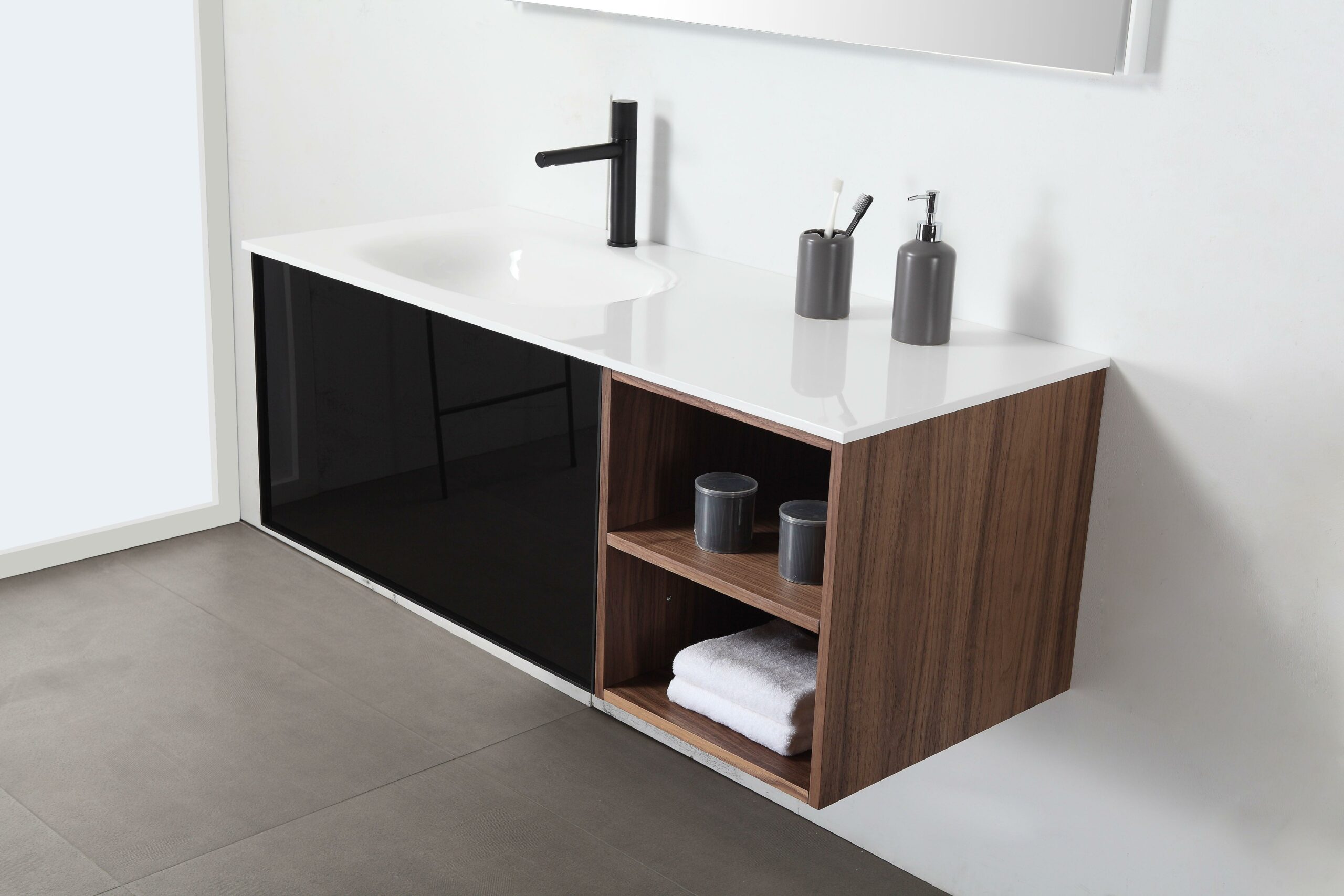 48" Walnut Wall Mount Single Sink Bathroom Vanity with Matte White Solid surface Countertop - Image 3