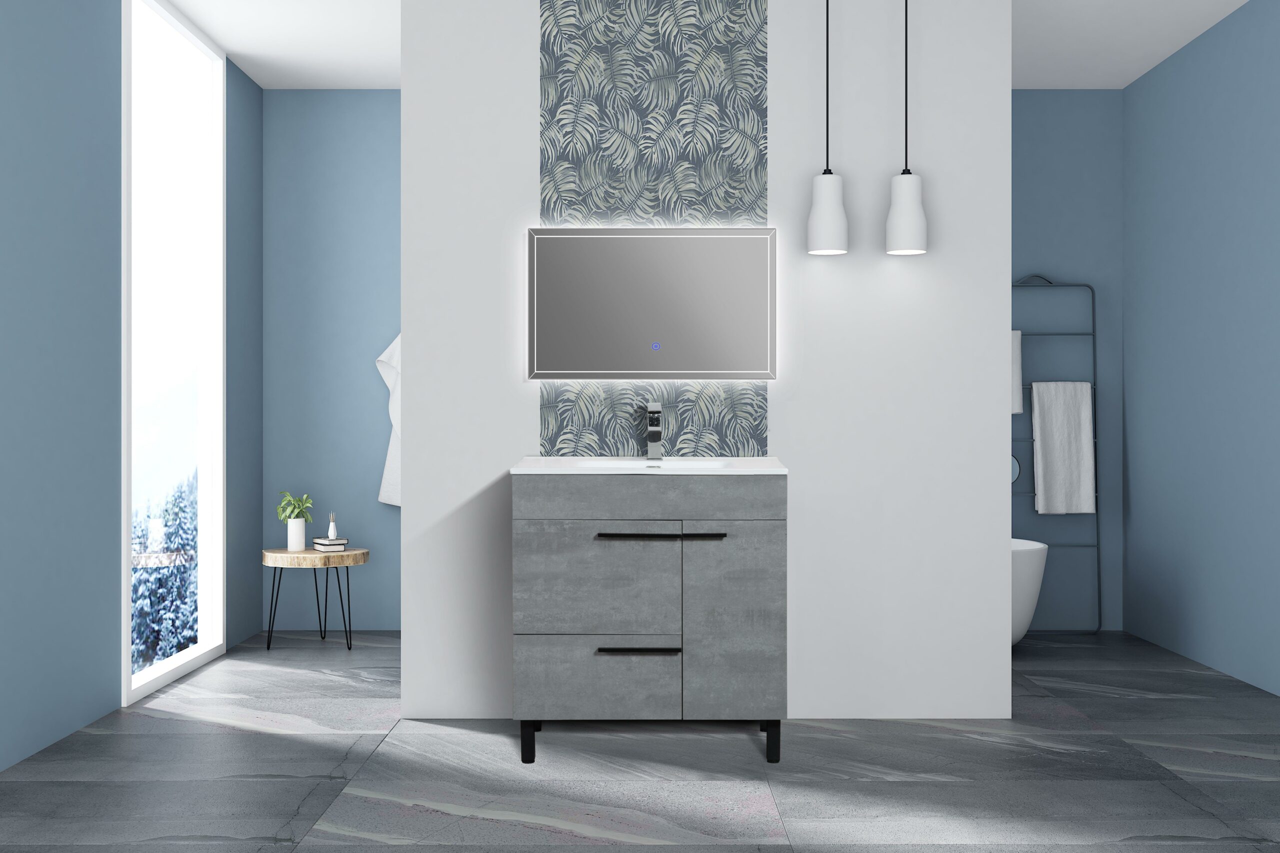 36" Cement Freestanding Single Sink Bathroom Vanity w/ White Ceramic Countertop Odessa – Image 1