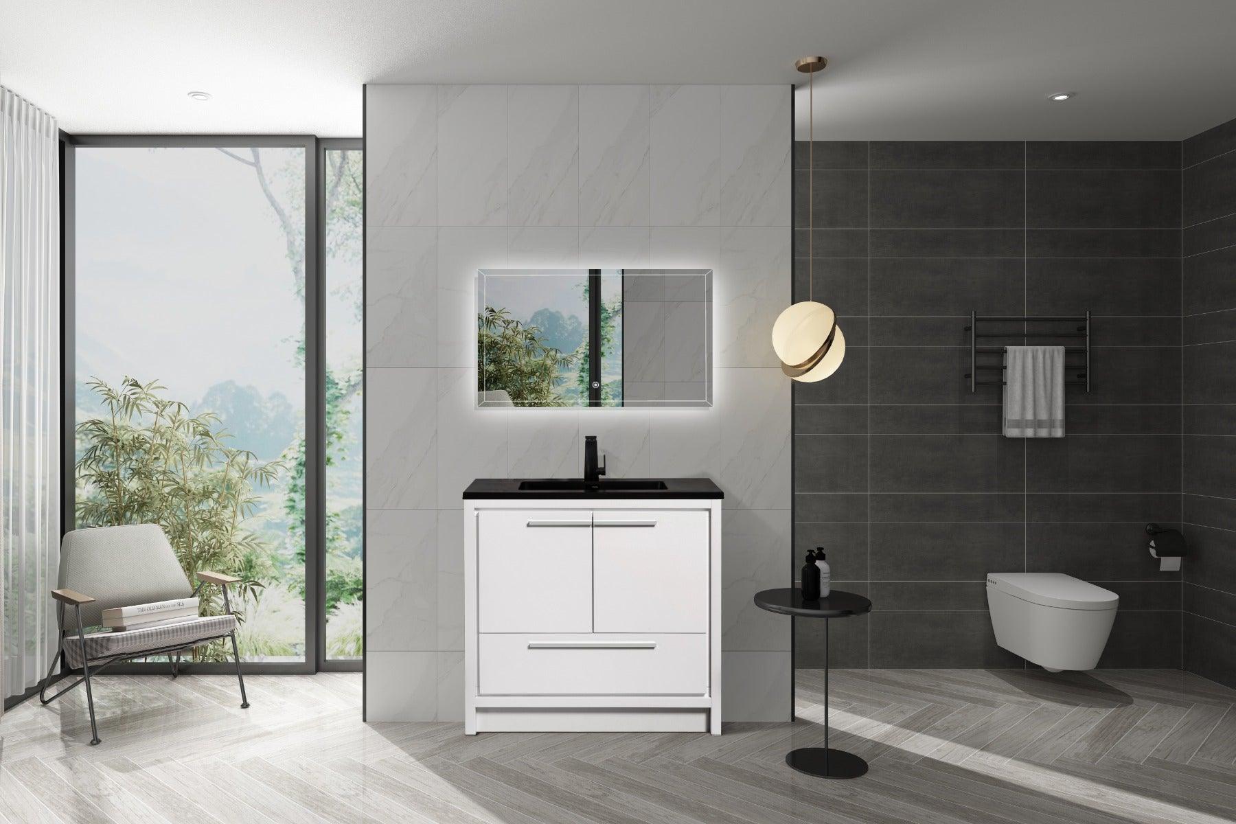 36" Glossy White Freestanding Bathroom Vanity with Black Engineered Quartz Countertop - Image 1