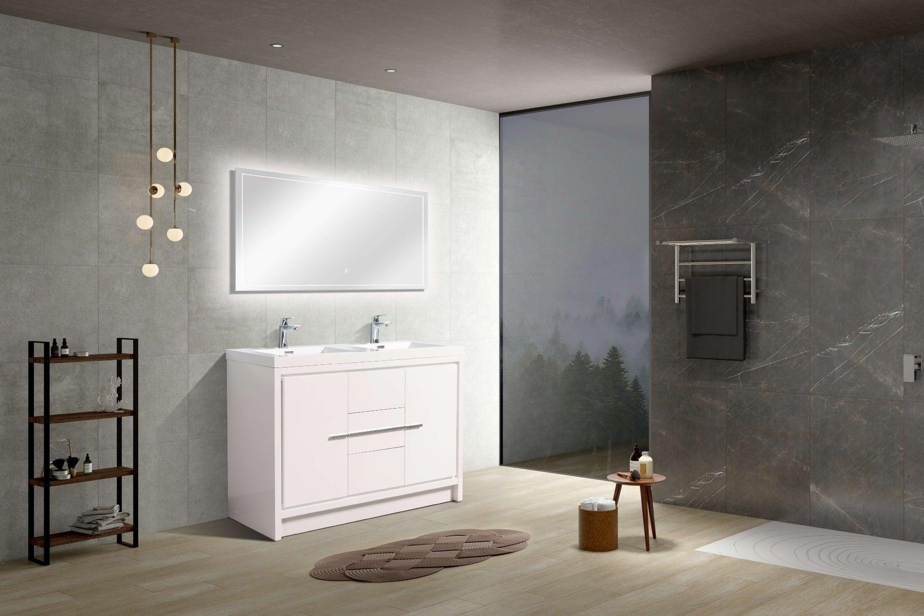 48" Glossy White Freestanding Double Sink Bathroom Vanity with White Polymarble Countertop – Image 7