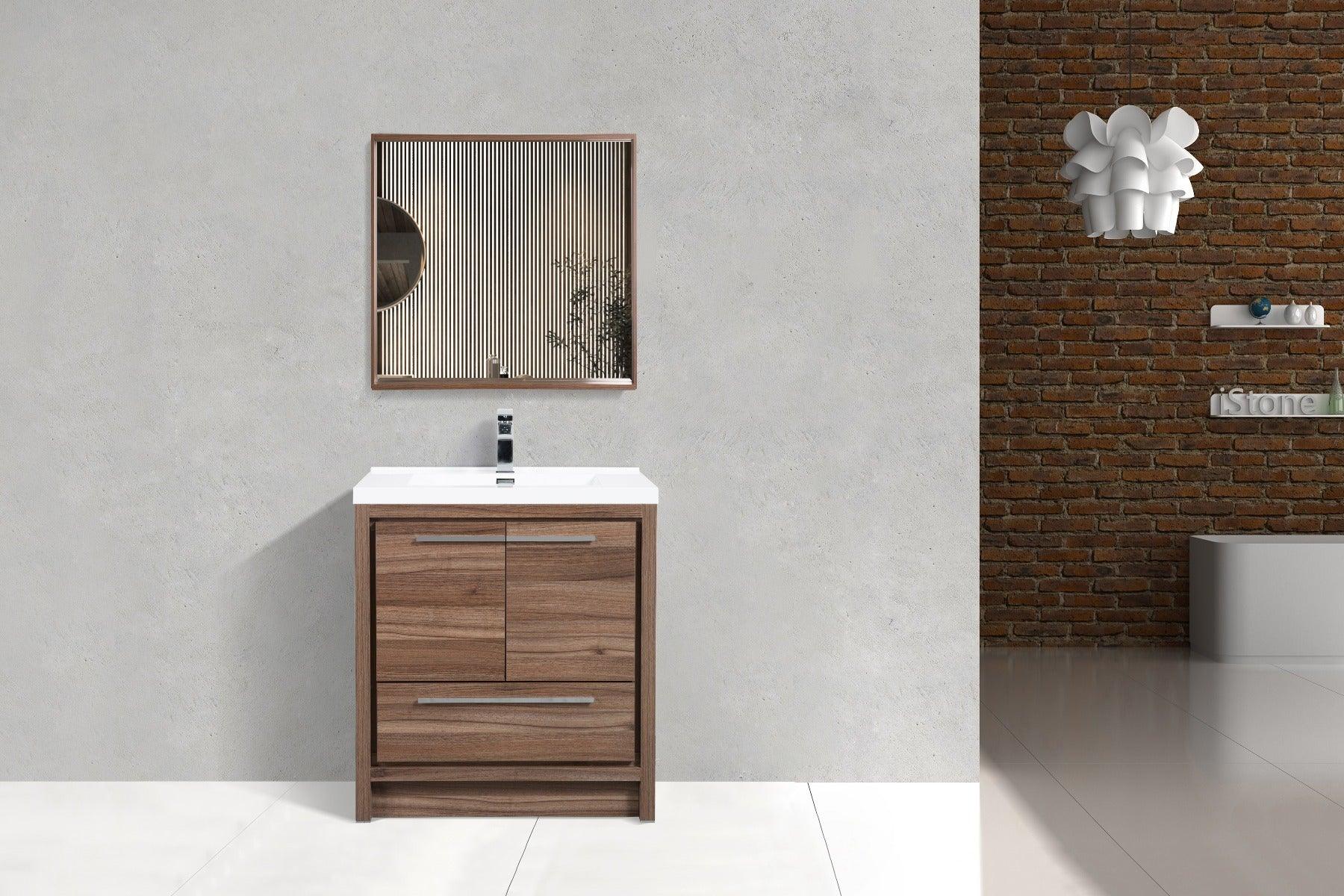 30" Walnut Freestanding Bathroom Vanity with White Polymarble Countertop – Image 2