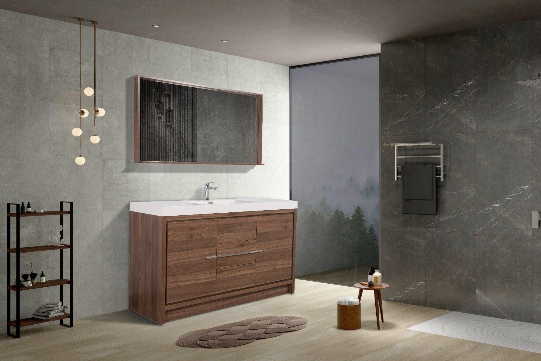 60" Walnut Freestanding Single Sink Bathroom Vanity with White Polymarble Countertop – Image 7