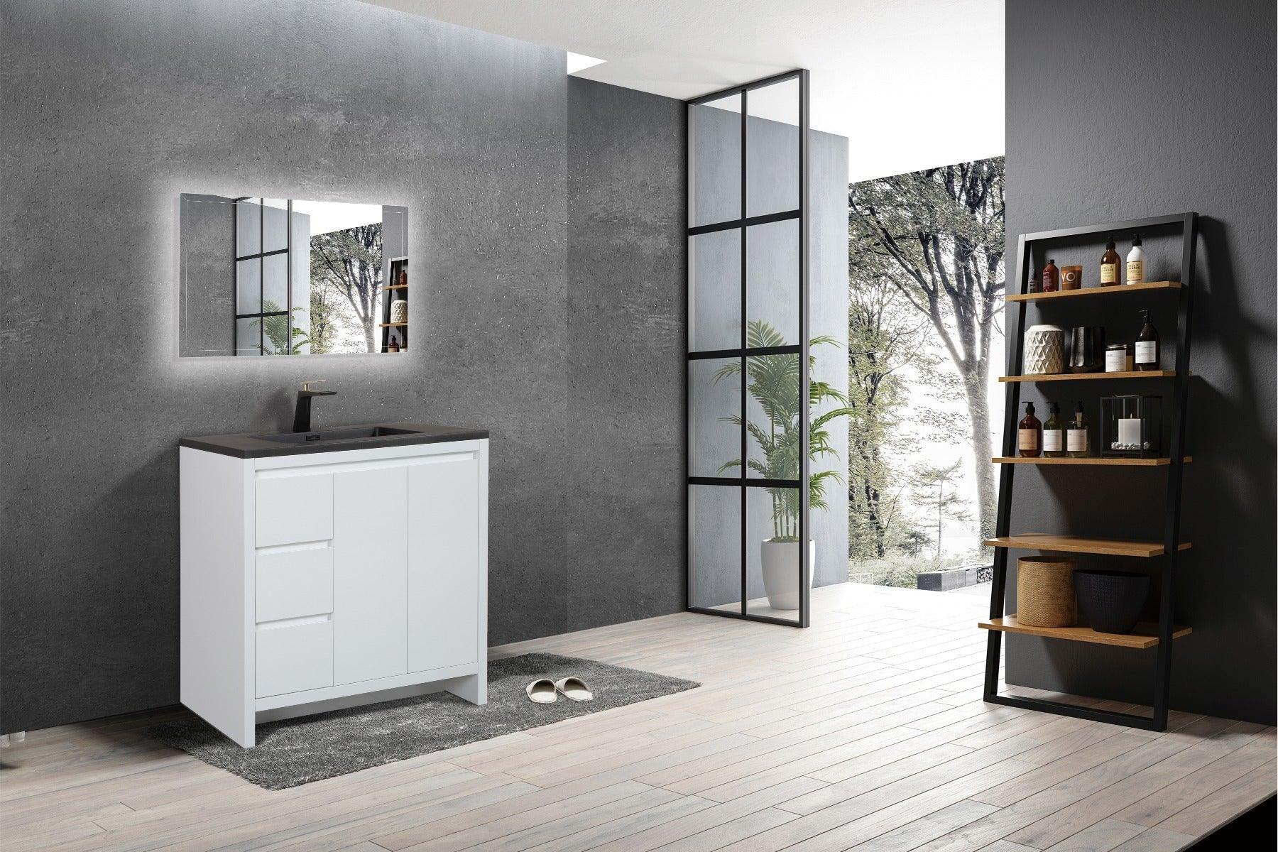 36" Glossy White Freestanding Bathroom Vanity with Black Engineered Quartz Countertop – Image 6