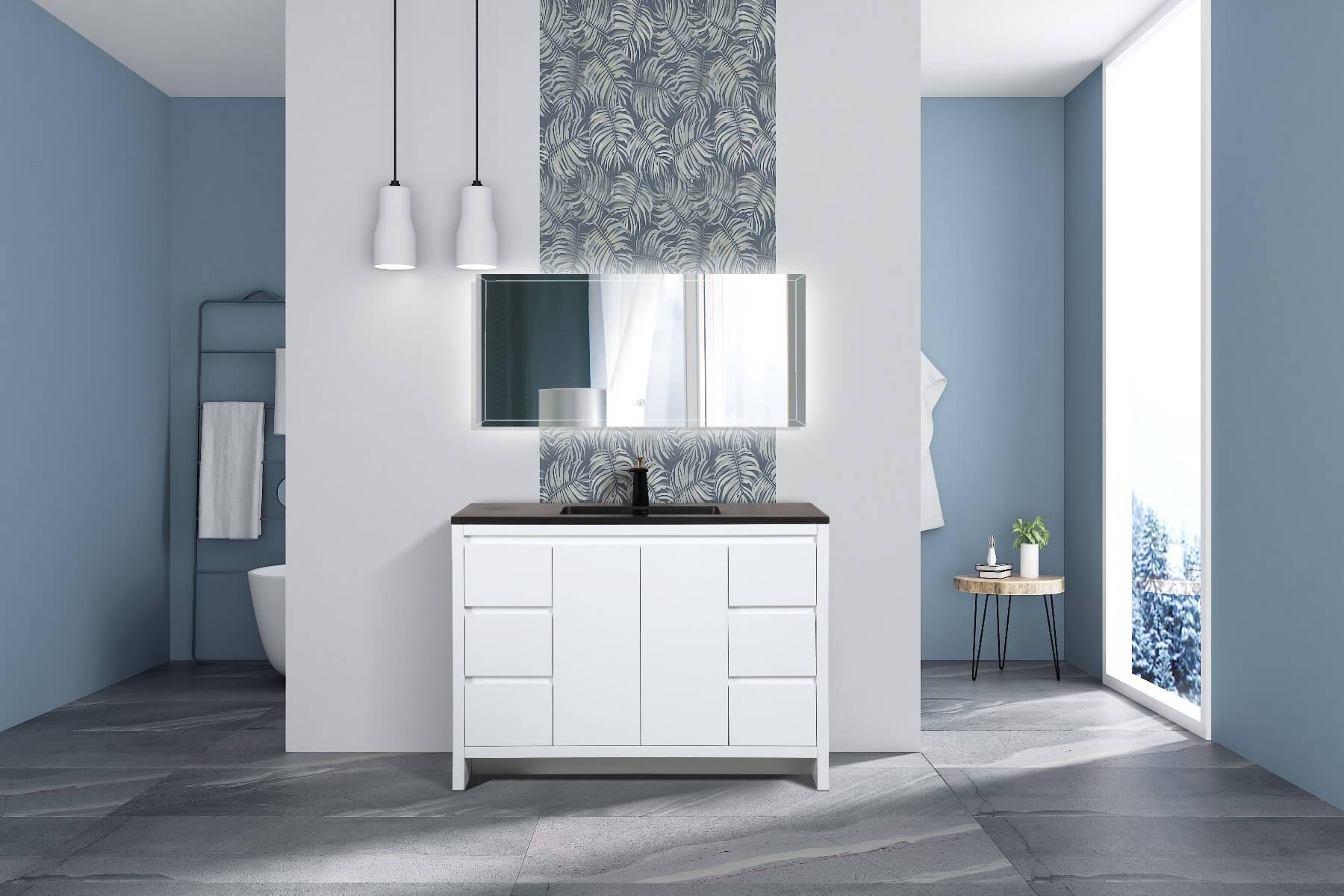 48" Glossy White Freestanding Bathroom Vanity with Black Engineered Quartz Countertop - Image 1