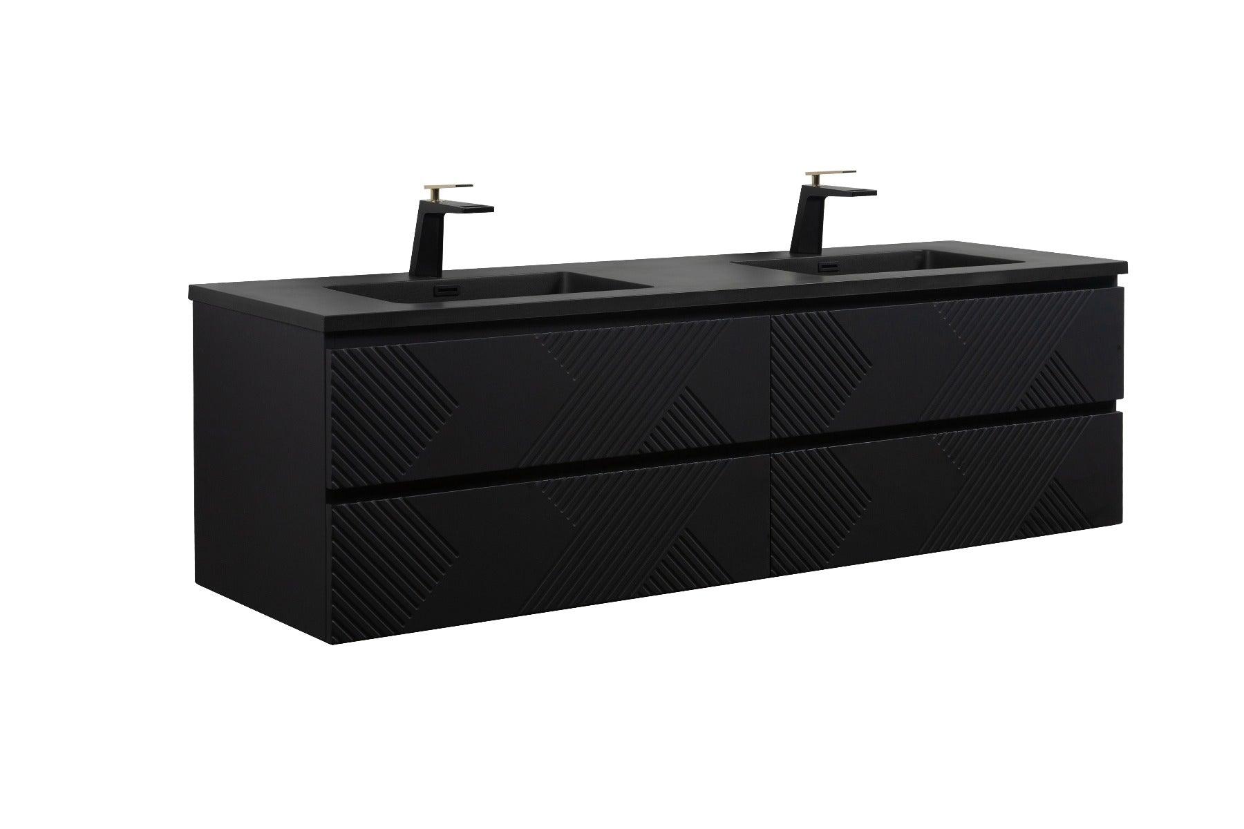 72" Black Wall Mount Double Sink Bathroom Vanity with Black Engineered Quartz Countertop – Image 3