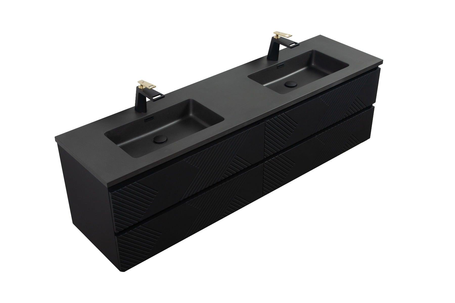 72" Black Wall Mount Double Sink Bathroom Vanity with Black Engineered Quartz Countertop – Image 4