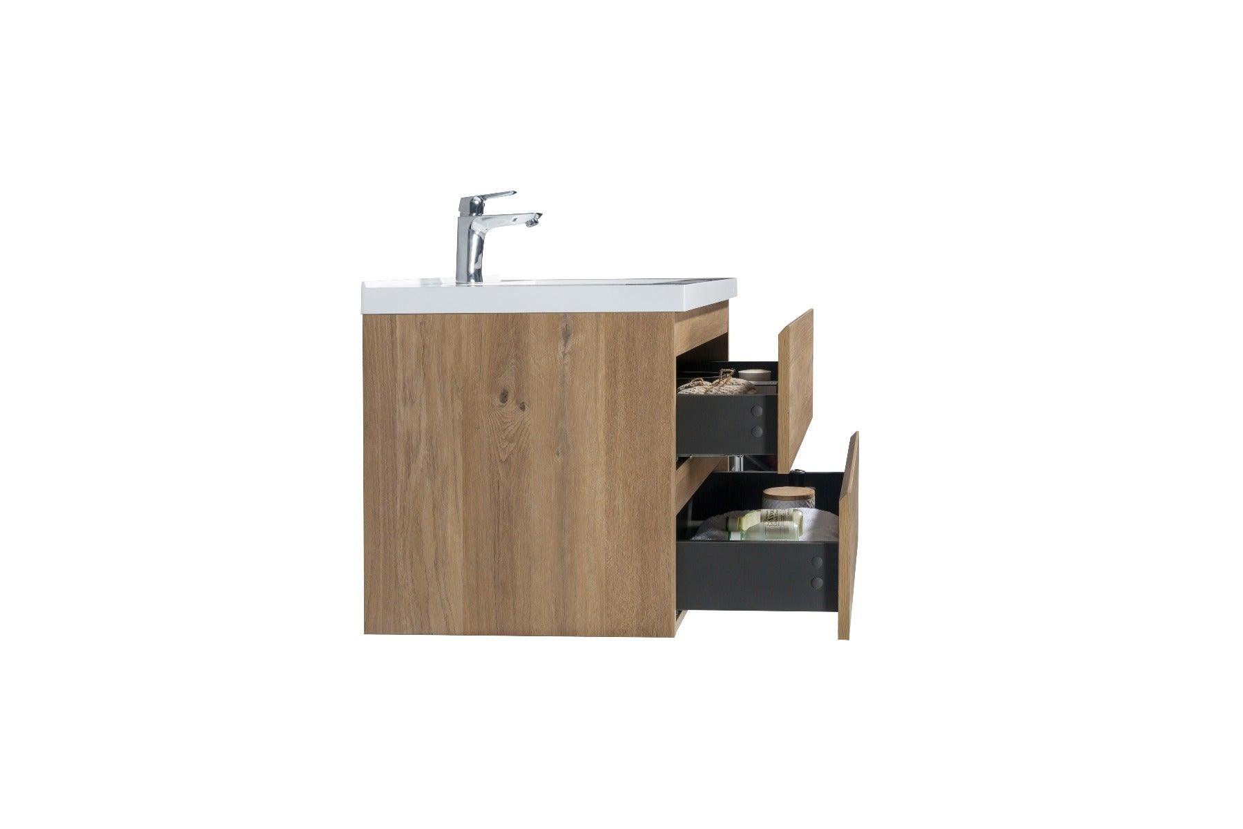 30" Rough Oak Wall Mount Bathroom Vanity with White Polymarble Countertop – Image 6