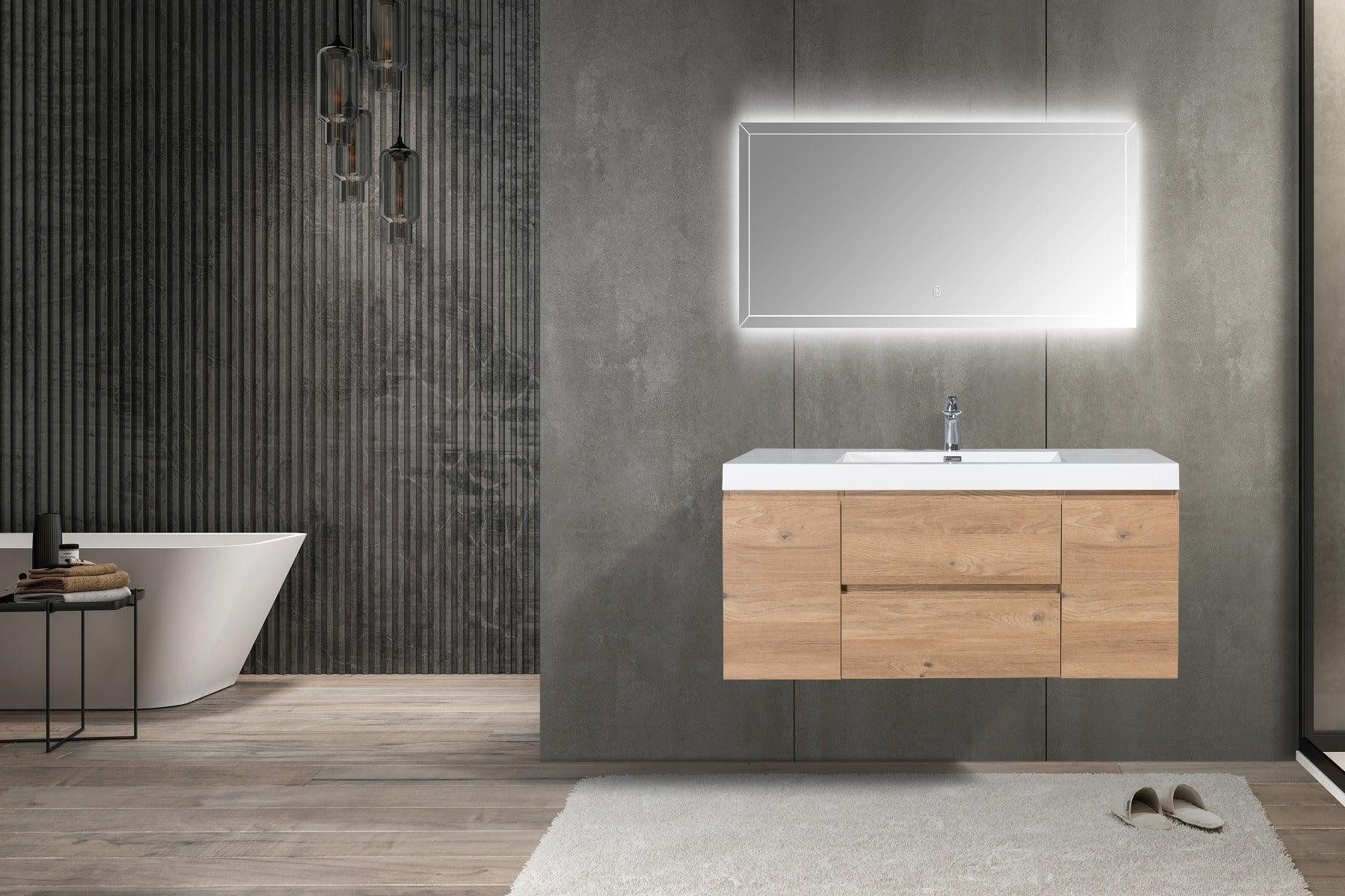 48" Rough Oak Wall Mount Single Sink Bathroom Vanity with White Polymarble Countertop - Image 6