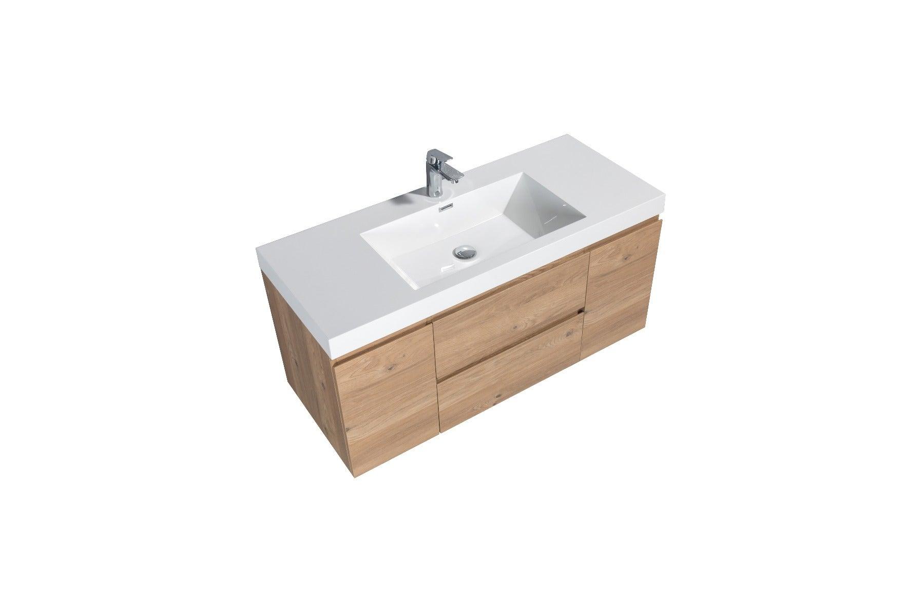48" Rough Oak Wall Mount Single Sink Bathroom Vanity with White Polymarble Countertop - Image 3