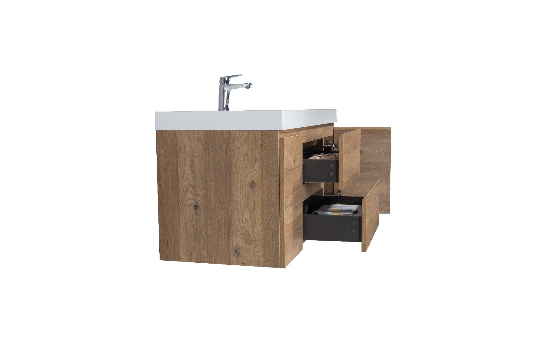 48" Rough Oak Wall Mount Single Sink Bathroom Vanity with White Polymarble Countertop - Image 5