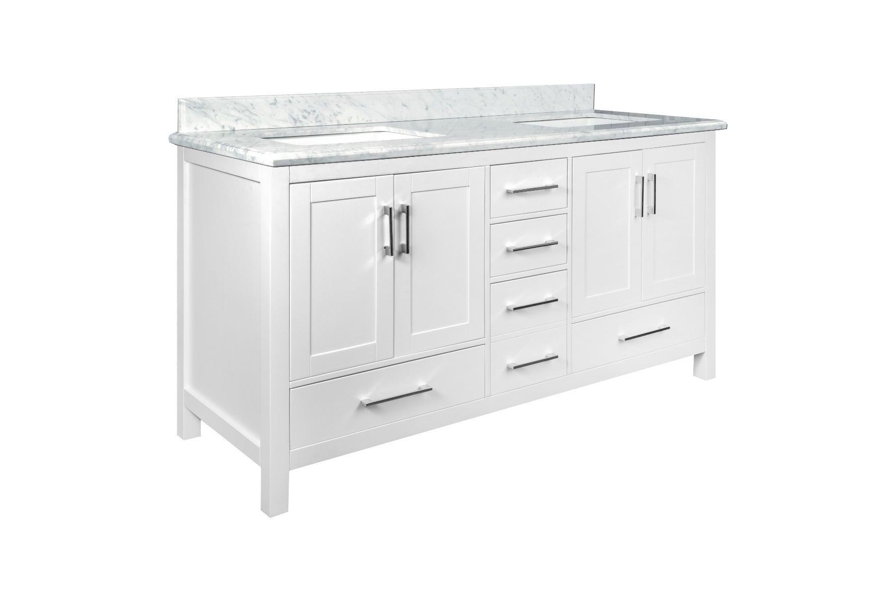 60" White Freestanding Double Sink Bathroom Vanity with Carrera Marble Countertop – Image 4
