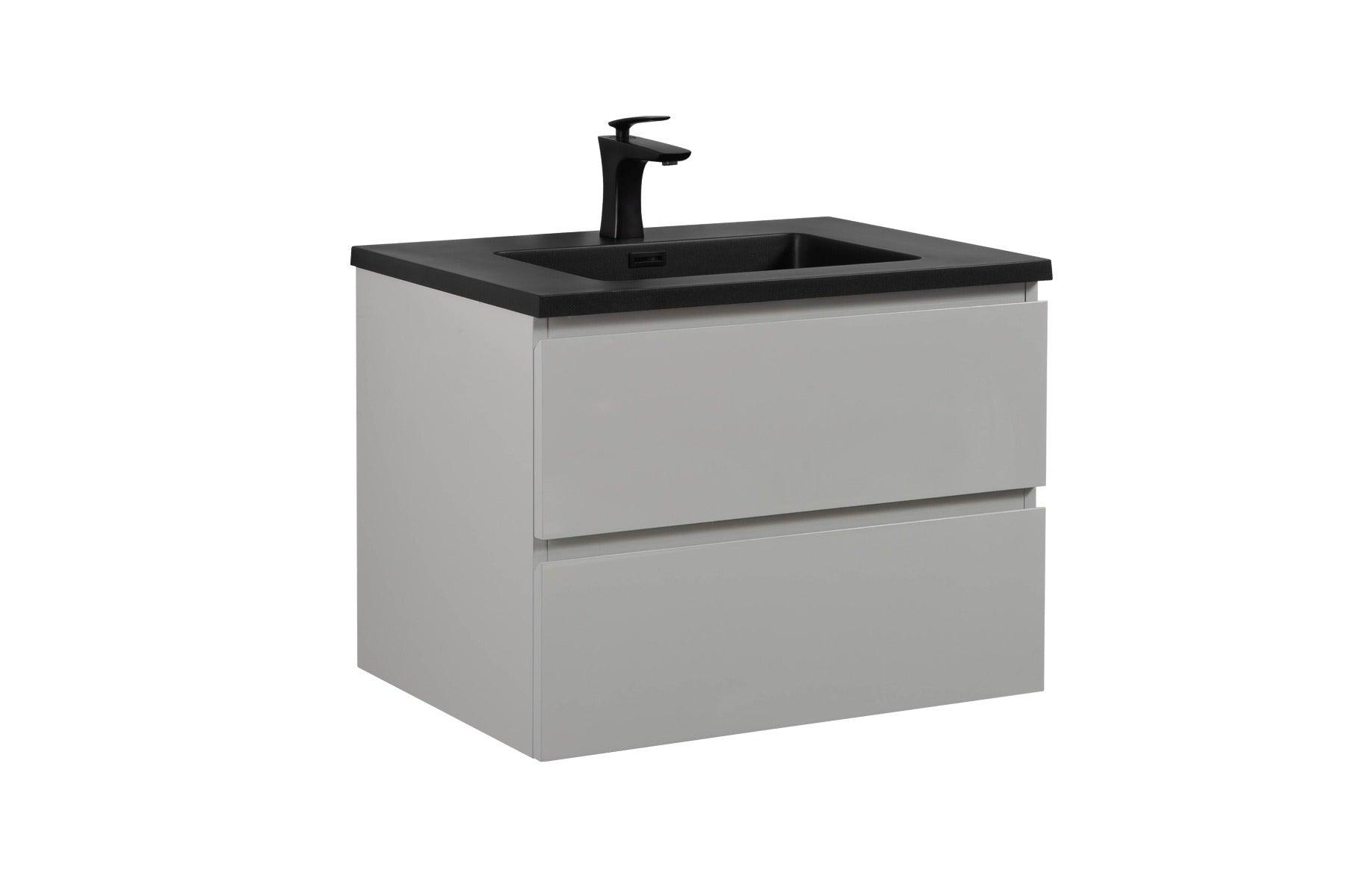 28" Grey Wall Mount Single Sink Bathroom Vanity with Black Engineered Quartz Countertop – Image 2