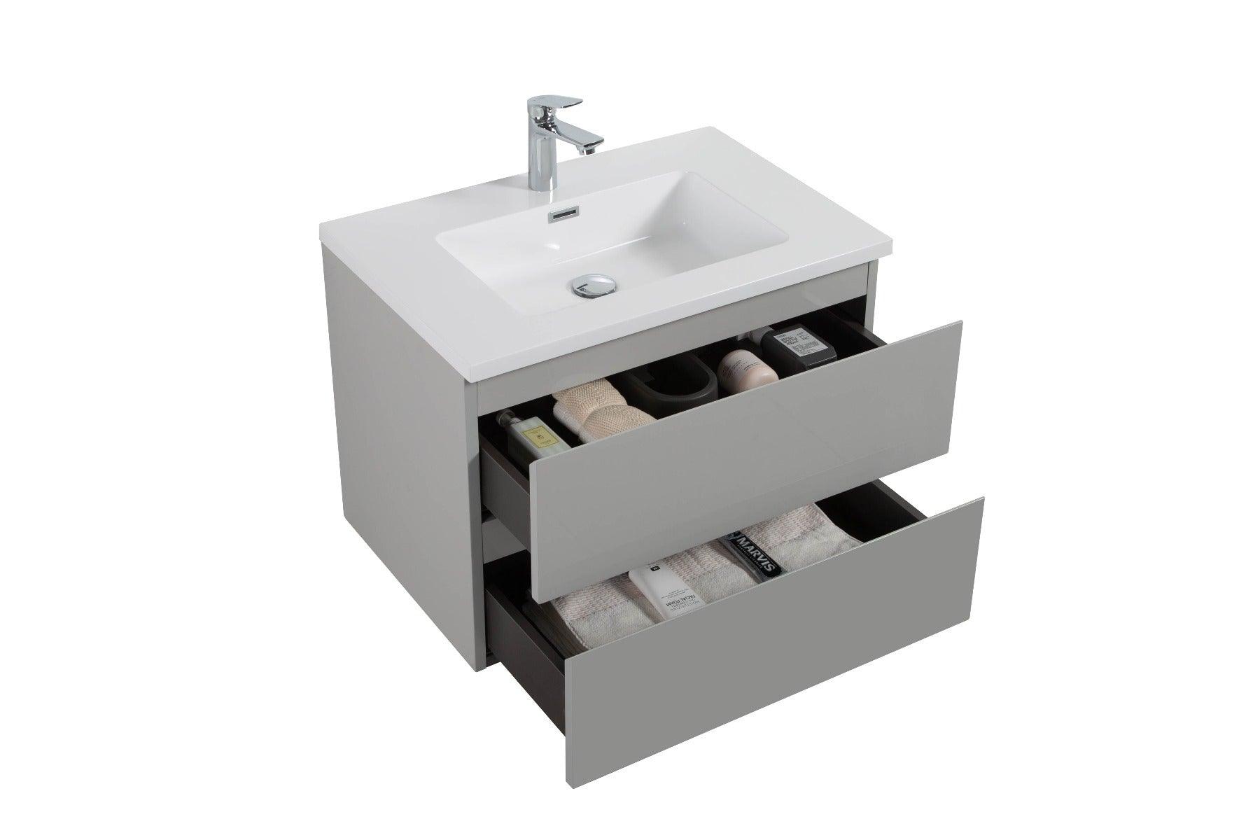 28" Grey Wall Mount Single Sink Bathroom Vanity with White Polymarble Countertop - Image 4