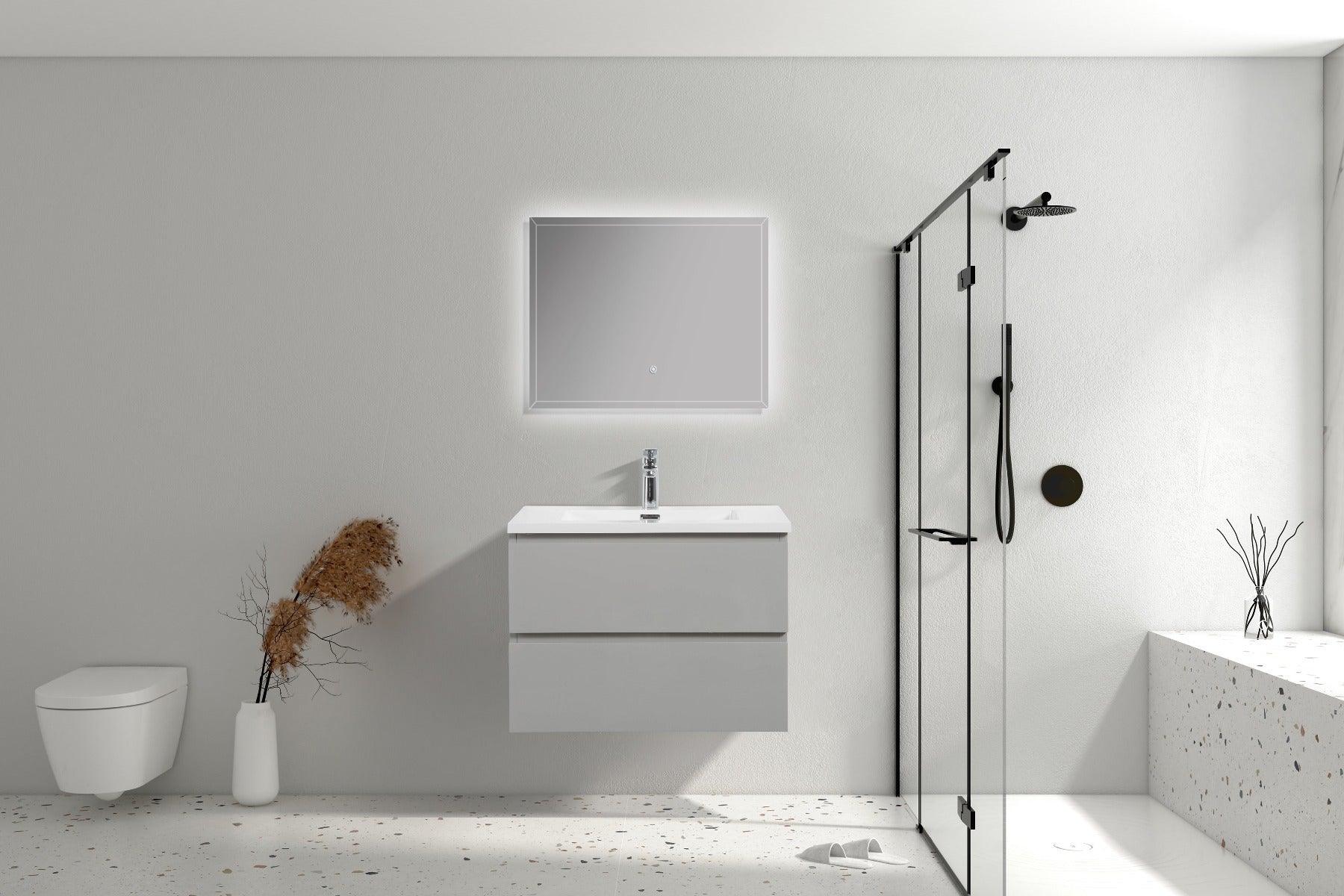 28" Grey Wall Mount Single Sink Bathroom Vanity with White Polymarble Countertop - Image 1