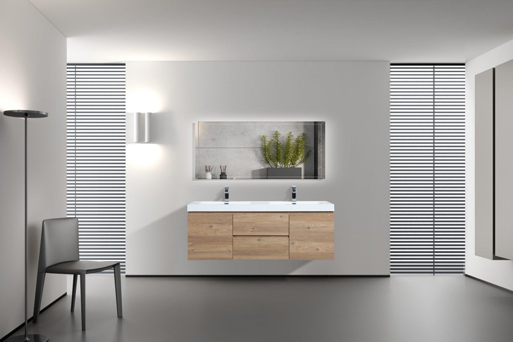 60" Rough Oak Wall Mount Double Sink Bathroom Vanity with White Polymarble Countertop – Image 6