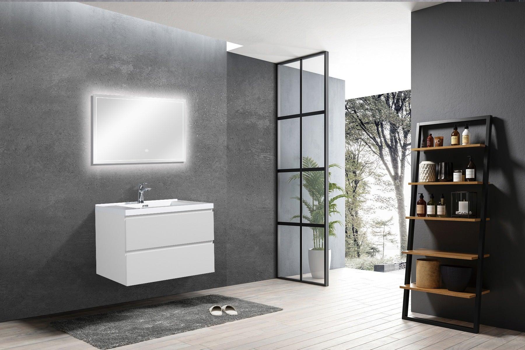 30" Glossy White Wall Mount Bathroom Vanity with White Polymarble Countertop – Image 4