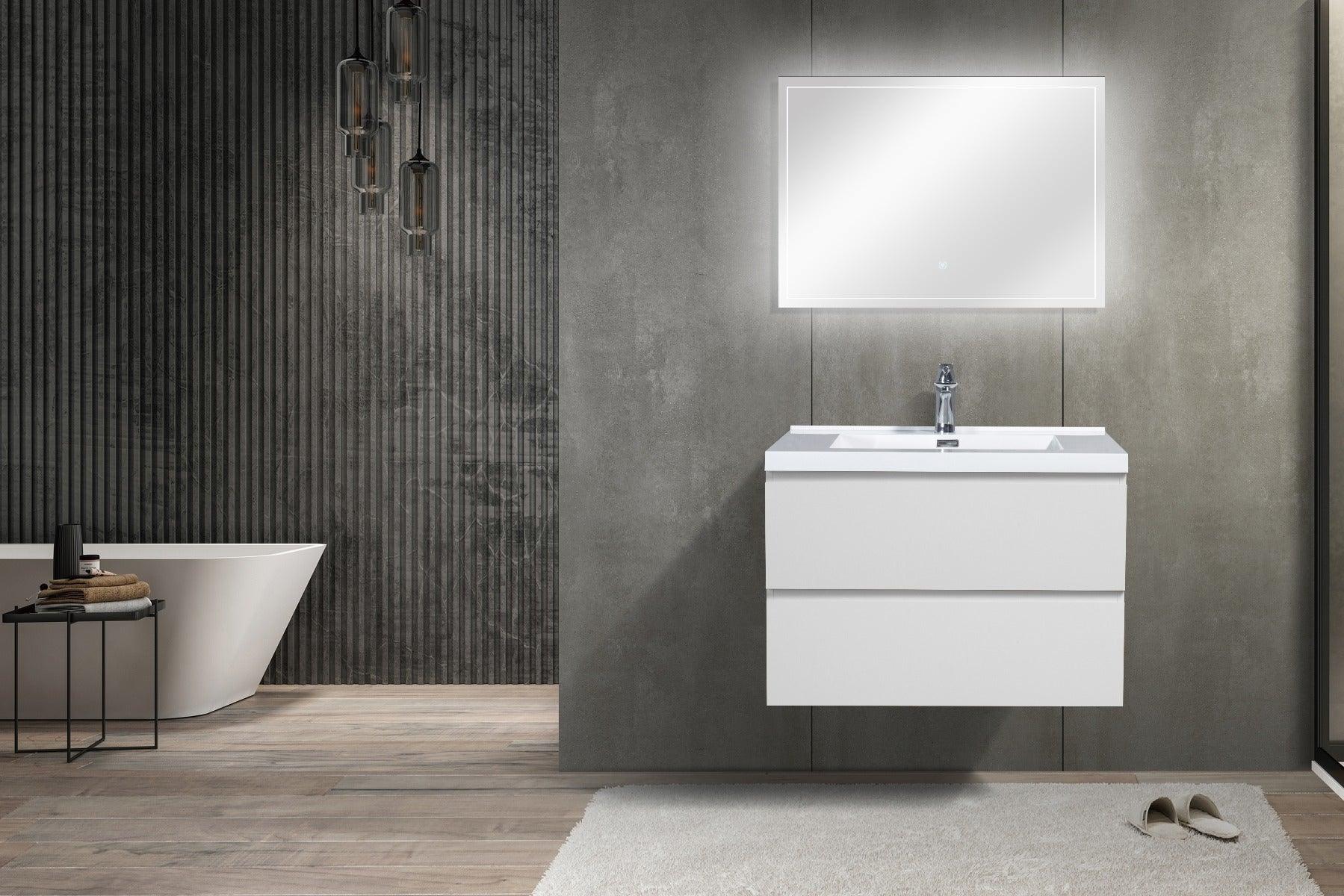 30" Glossy White Wall Mount Bathroom Vanity with White Polymarble Countertop – Image 5