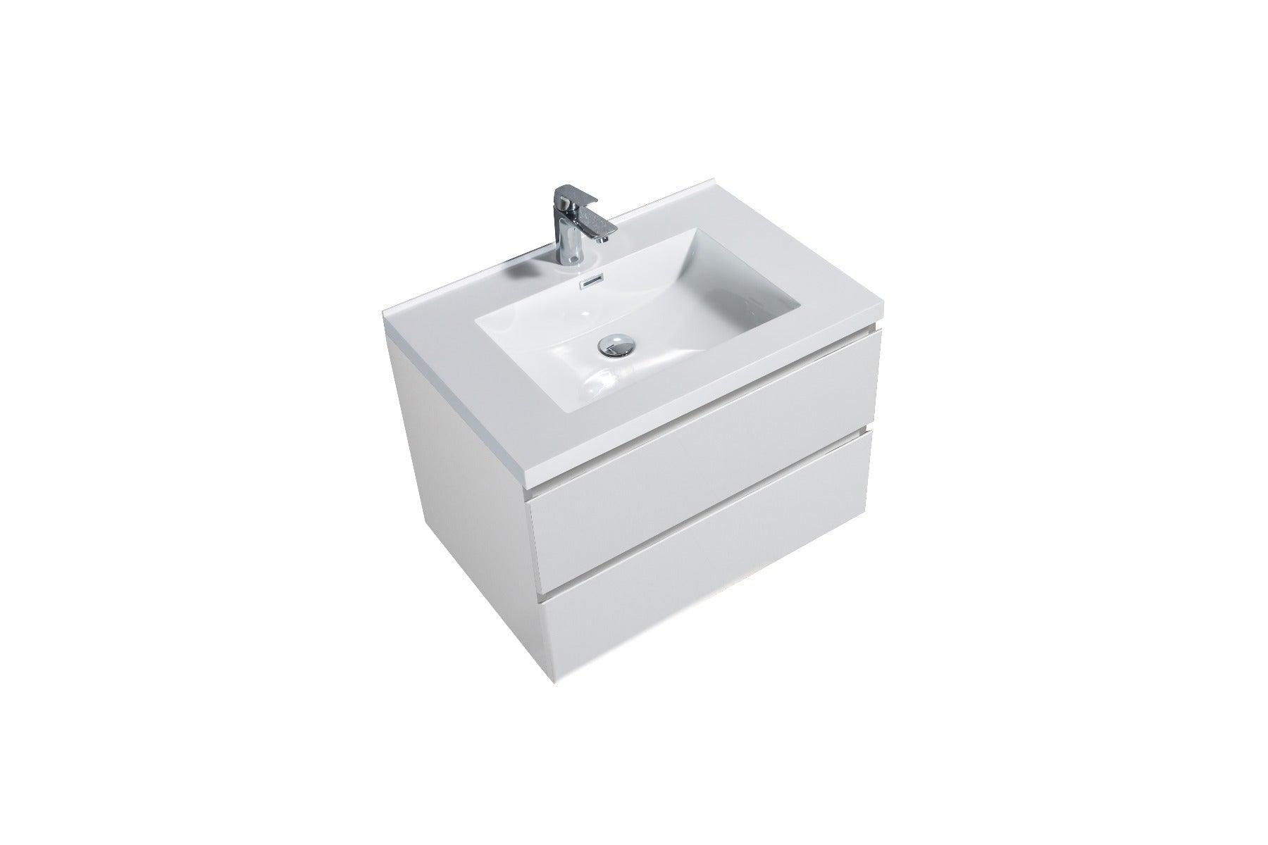 30" Glossy White Wall Mount Bathroom Vanity with White Polymarble Countertop – Image 2