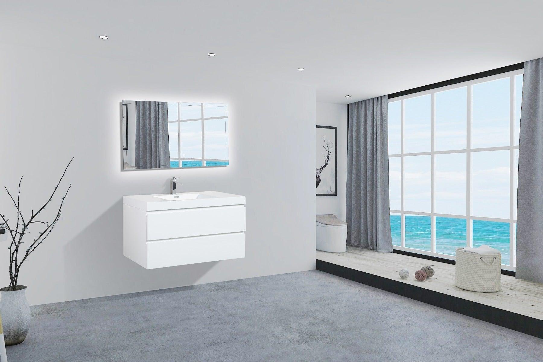 42" Glossy White Wall Mount Bathroom Vanity with White Polymarble Countertop - Image 3