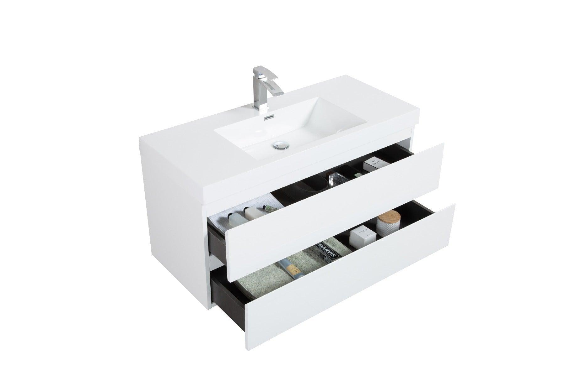 42" Glossy White Wall Mount Bathroom Vanity with White Polymarble Countertop - Image 6