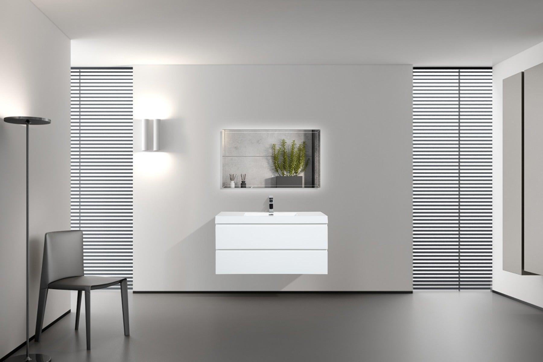 42" Glossy White Wall Mount Bathroom Vanity with White Polymarble Countertop - Image 4