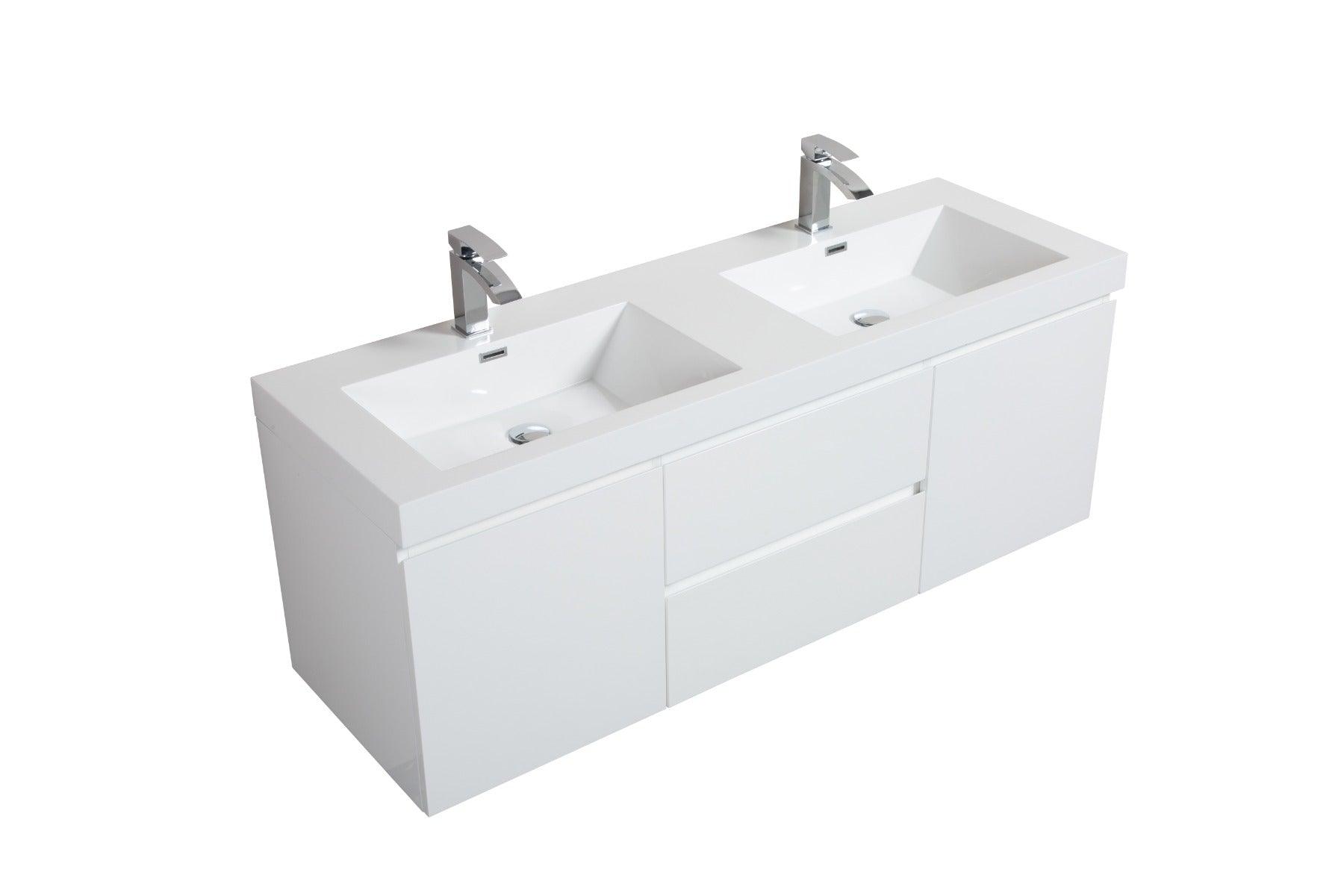 60" Glossy White Wall Mount Double Sink Bathroom Vanity with White Polymarble Countertop – Image 6