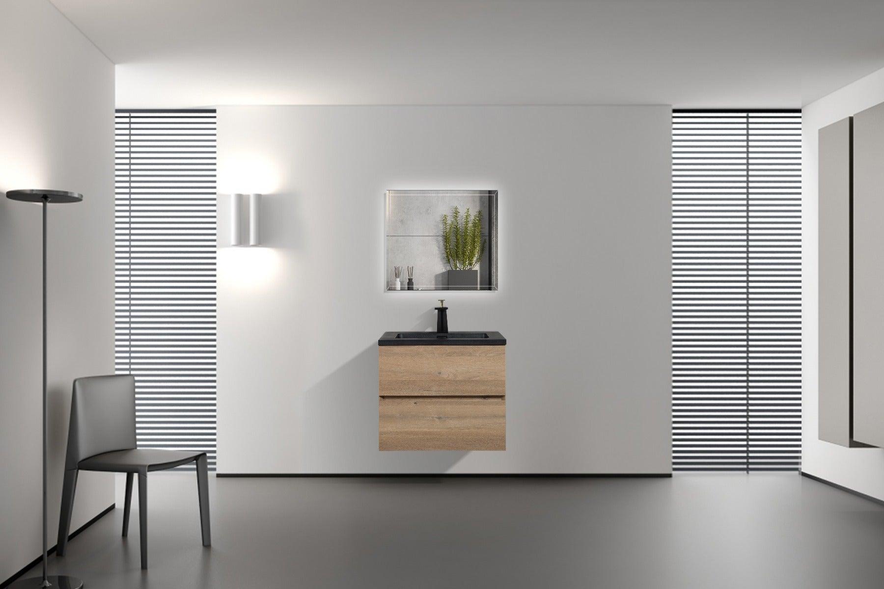 24" Rough Oak Wall Mount Bathroom Vanity with Black Engineered Quartz Countertop Edge - Image 7