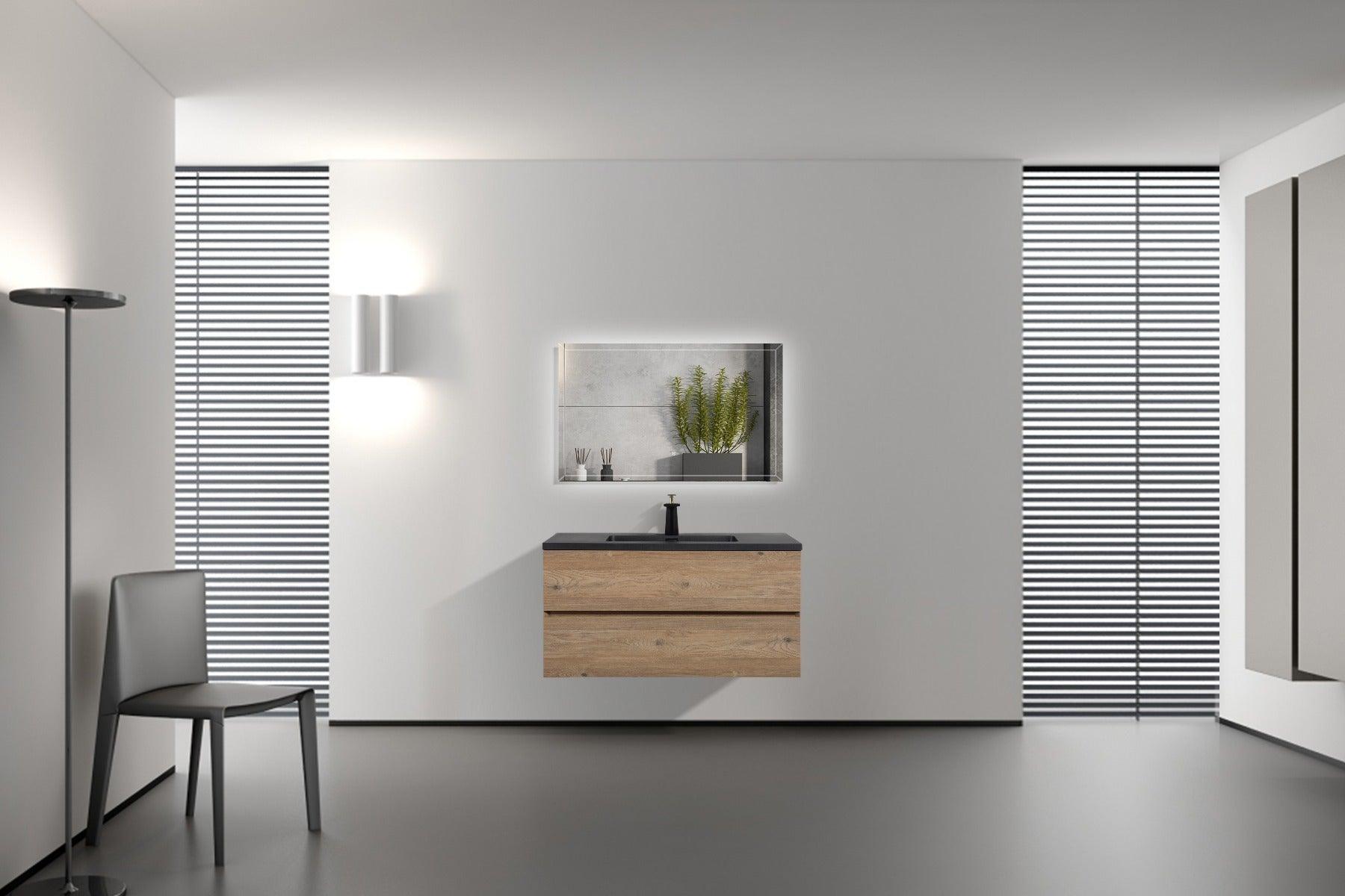 40" Rough Oak Wall Mount Bathroom Vanity with Black Engineered Quartz Countertop - Image 6