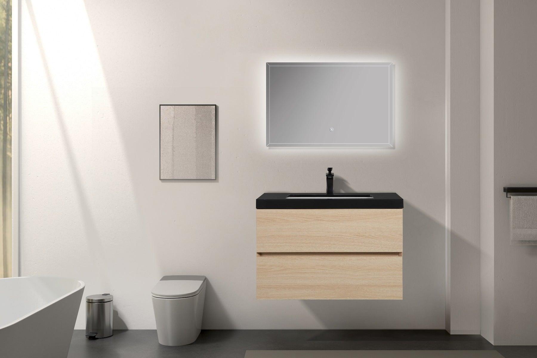 32" Wheat Wall Mount Single Sink Bathroom Vanity with Black Polymarble Countertop – Image 8