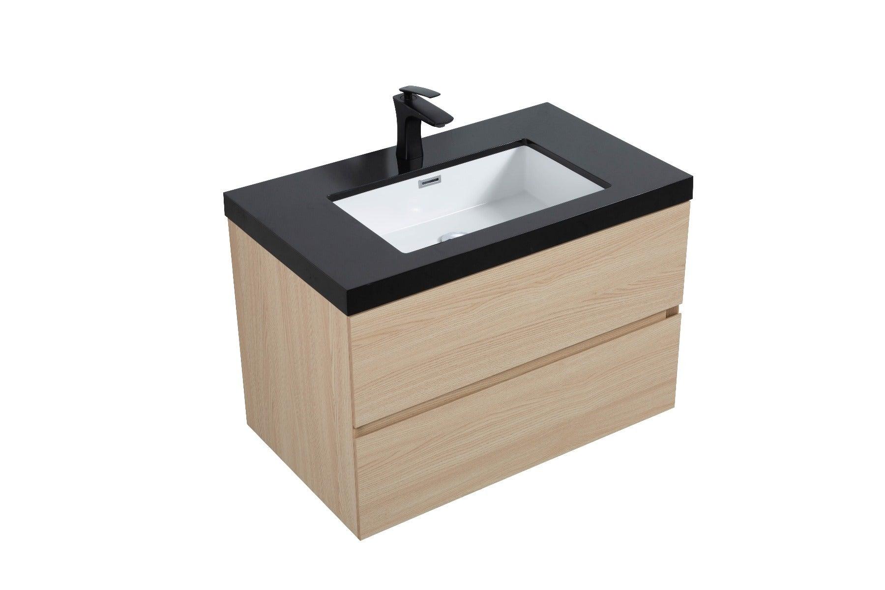 32" Wheat Wall Mount Single Sink Bathroom Vanity with Black Polymarble Countertop – Image 5