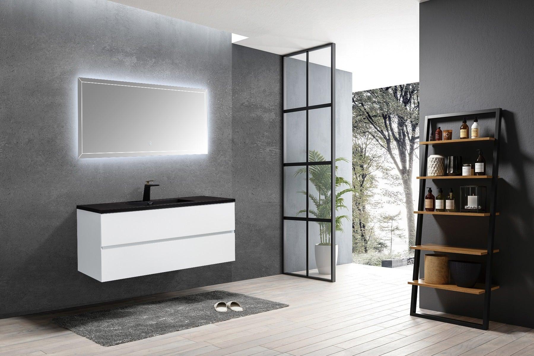 48" White Wall Mount Single Sink Bathroom Vanity with Black Engineered Quartz Countertop - Image 7