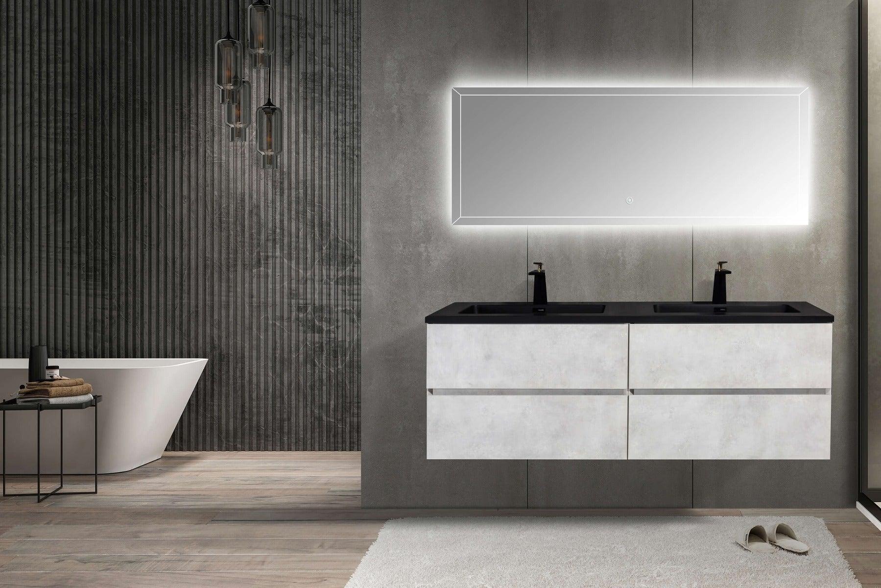 60" Grey Wall Mount Double Sink Bathroom Vanity with Black Engineered Quartz Countertop - Image 6