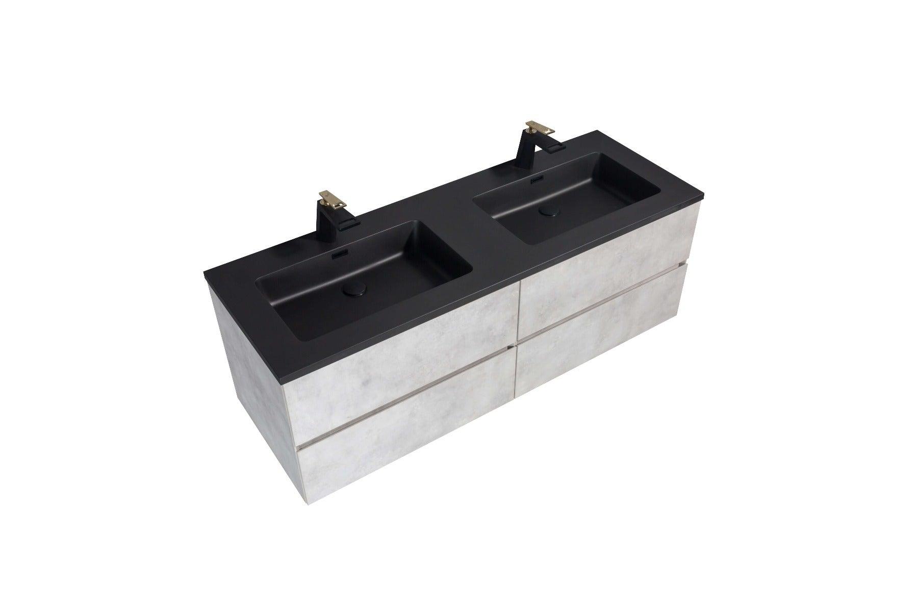 60" Grey Wall Mount Double Sink Bathroom Vanity with Black Engineered Quartz Countertop - Image 3