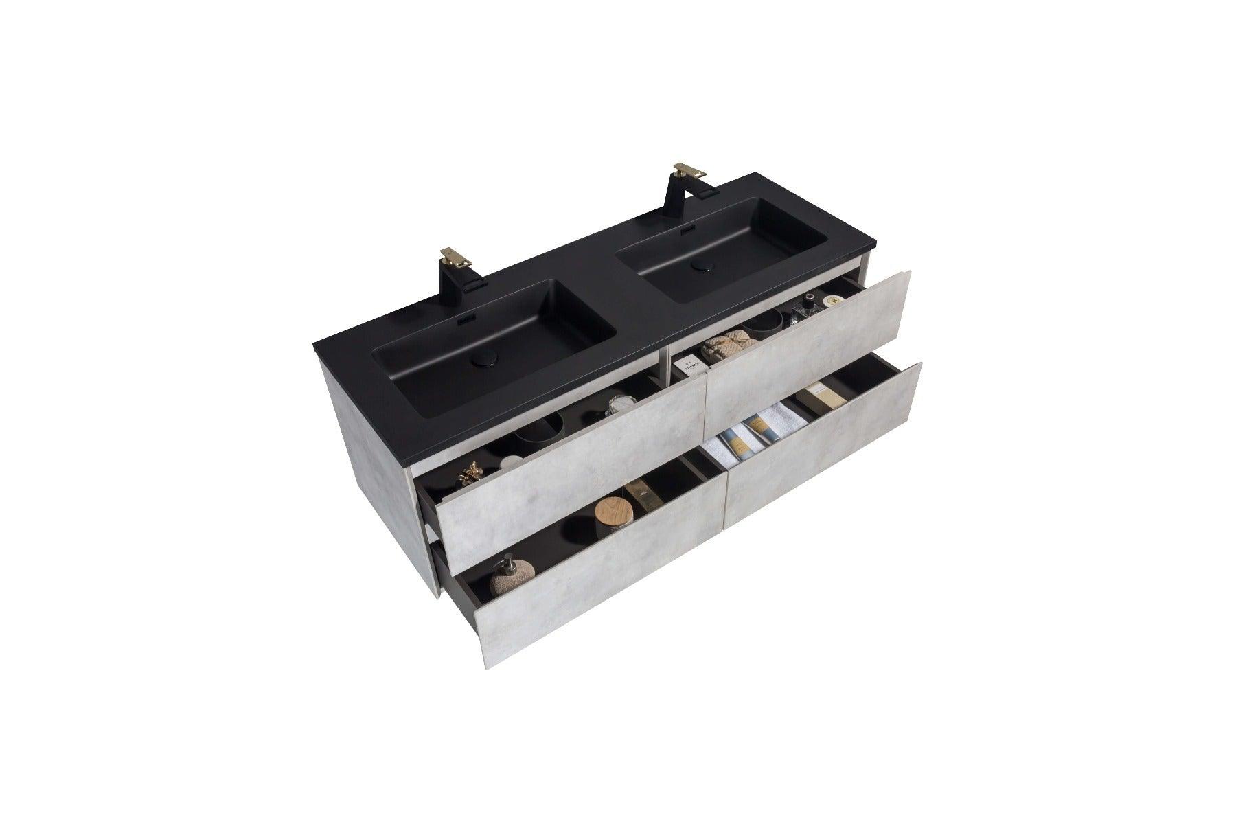 60" Grey Wall Mount Double Sink Bathroom Vanity with Black Engineered Quartz Countertop - Image 4