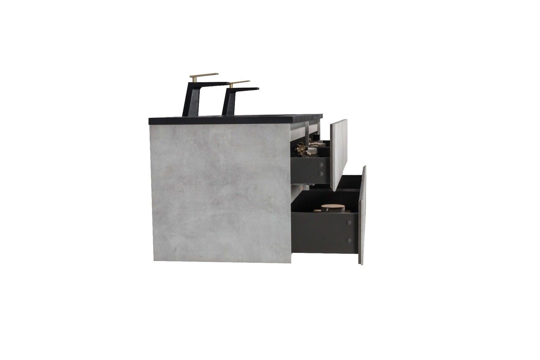 60" Grey Wall Mount Double Sink Bathroom Vanity with Black Engineered Quartz Countertop - Image 5
