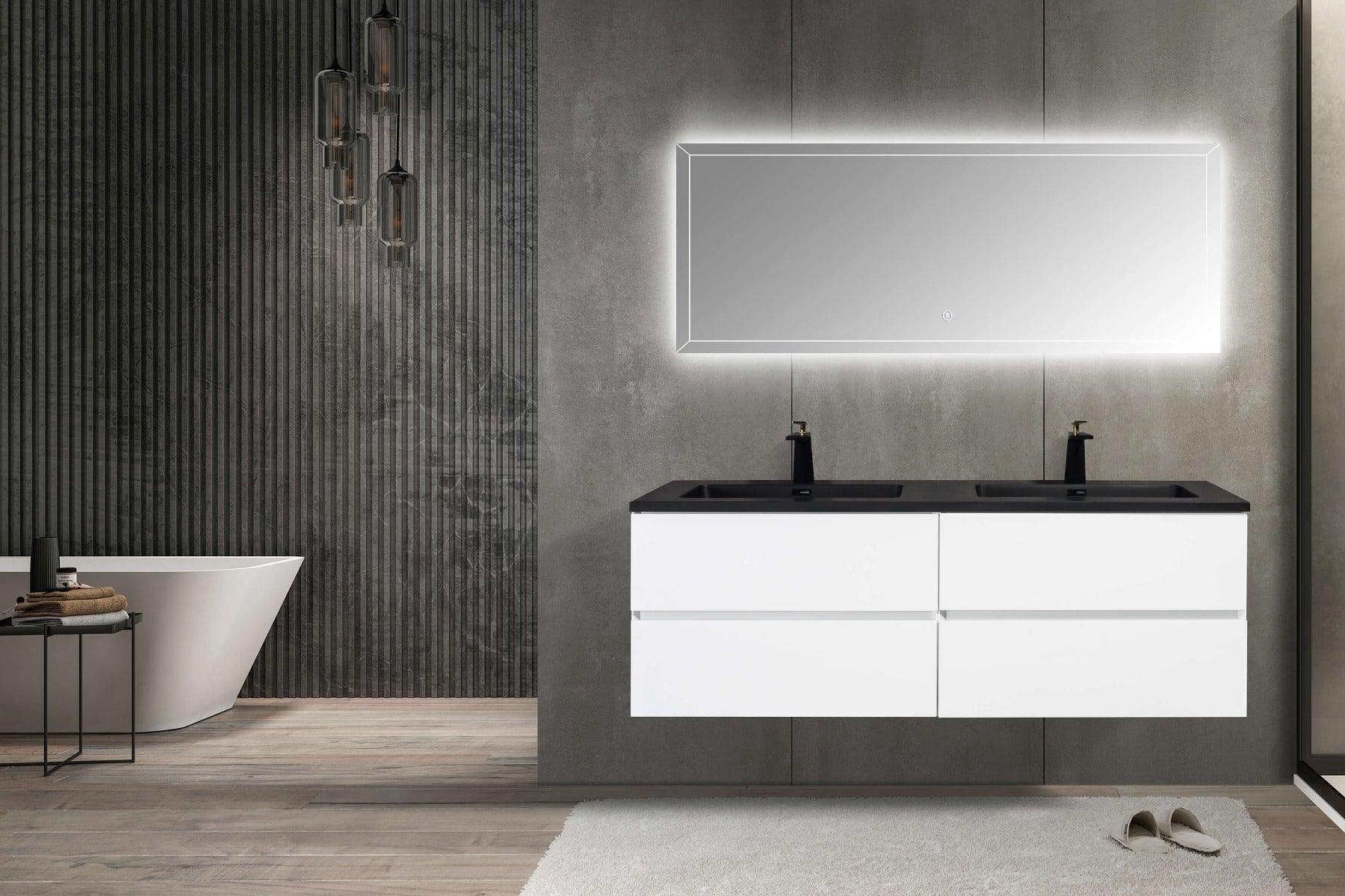 60" White Wall Mount Double Sink Bathroom Vanity with Black Engineered Quartz Countertop - Image 6