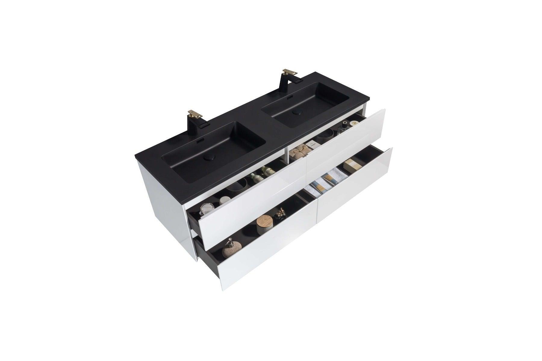 60" White Wall Mount Double Sink Bathroom Vanity with Black Engineered Quartz Countertop - Image 5