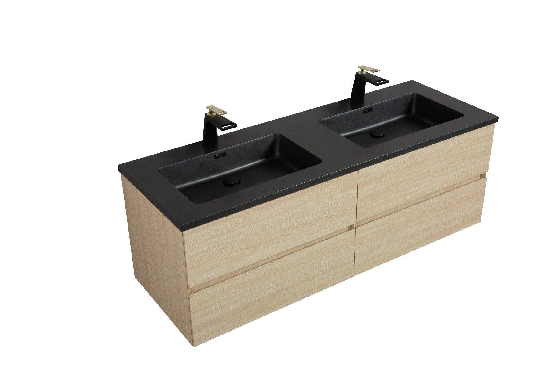 60" Wheat Wall Mount Double Sink Bathroom Vanity with Black Engineered Quartz Countertop – Image 4