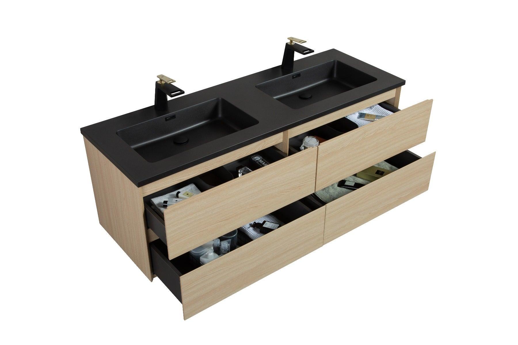60" Wheat Wall Mount Double Sink Bathroom Vanity with Black Engineered Quartz Countertop – Image 5