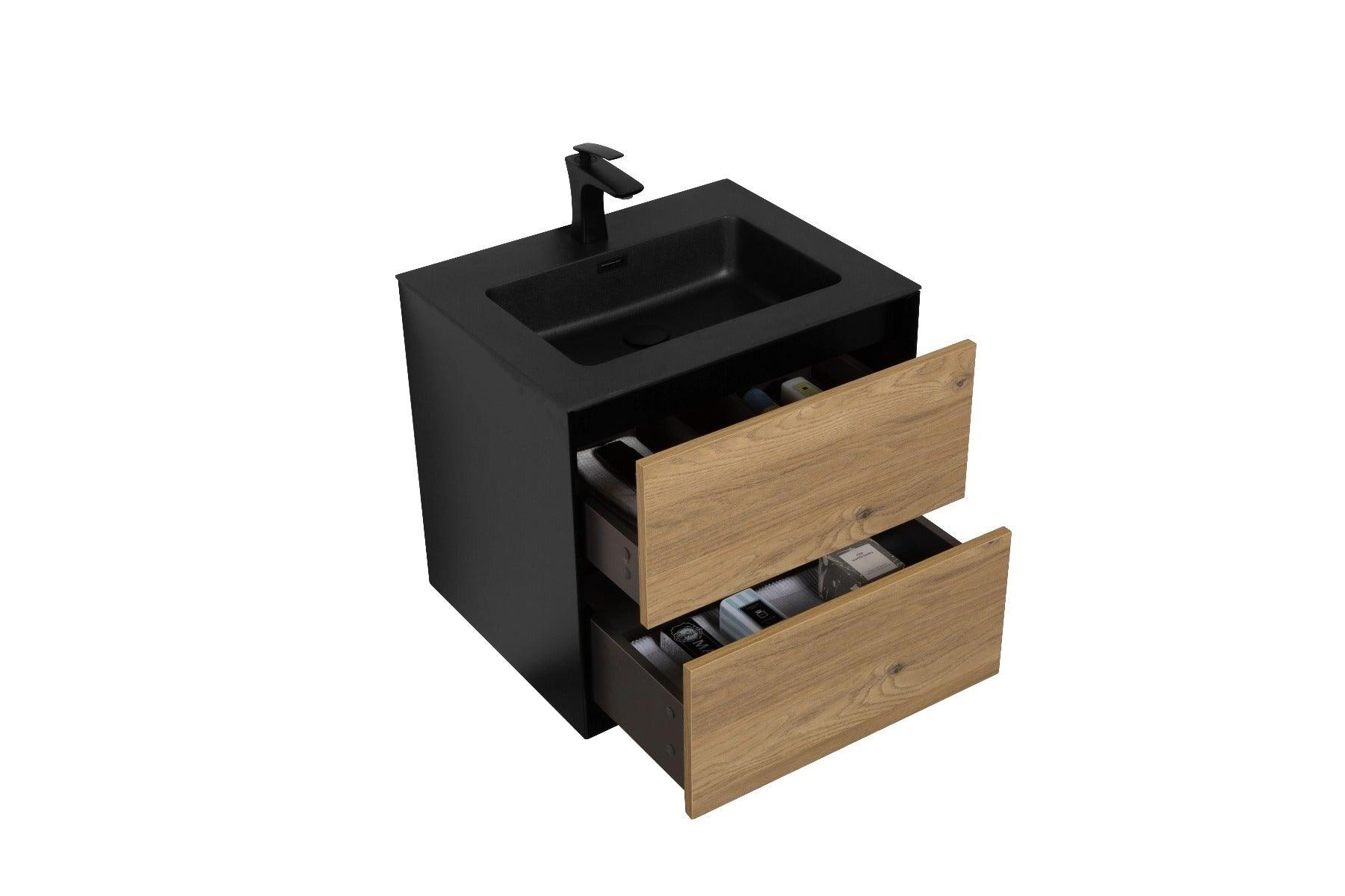 24" Black & Rough Oak Wall Mount Bathroom Vanity with Black Engineered Quartz Countertop - Image 5