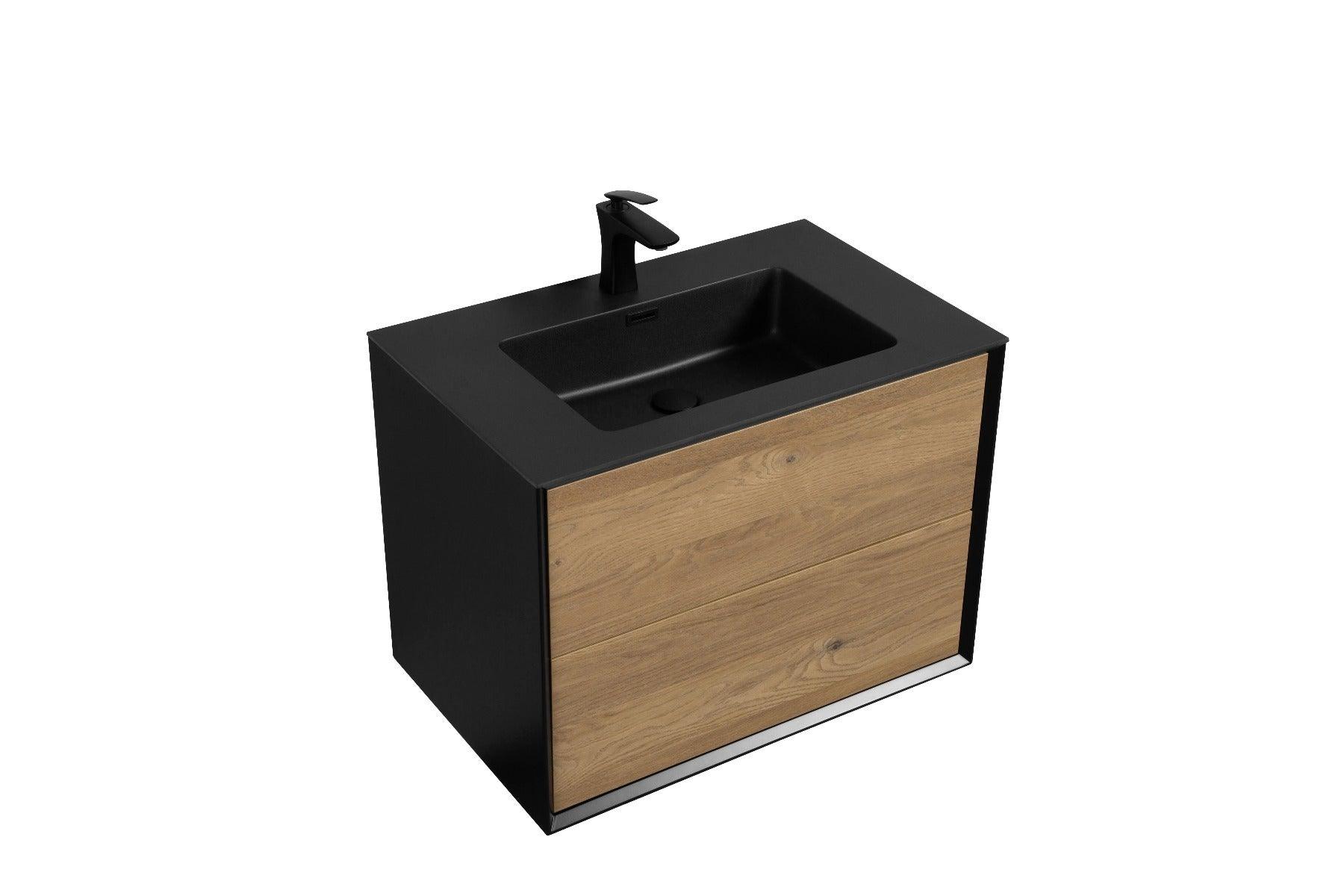 30" Black & Rough Oak Wall Mount Vanity with Black Engineered Quartz Countertop - Image 2