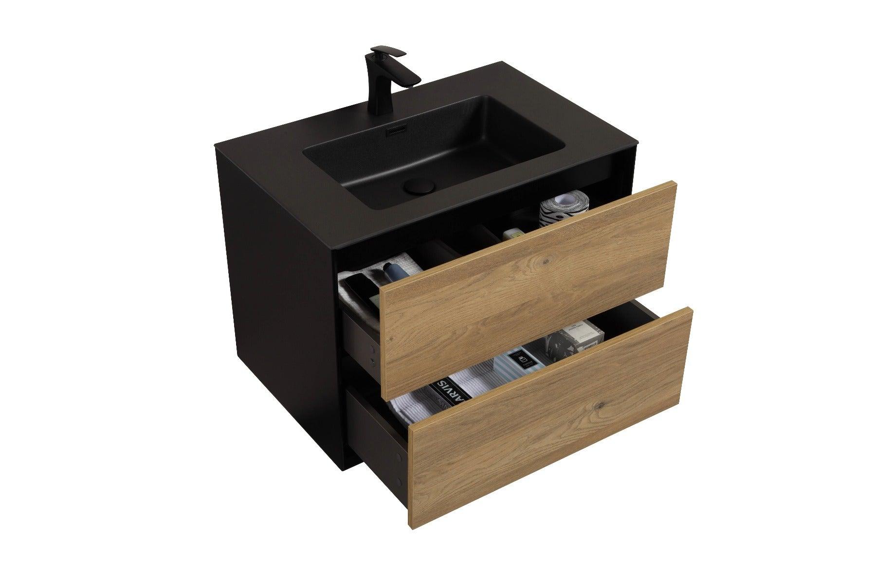 30" Black & Rough Oak Wall Mount Vanity with Black Engineered Quartz Countertop - Image 3