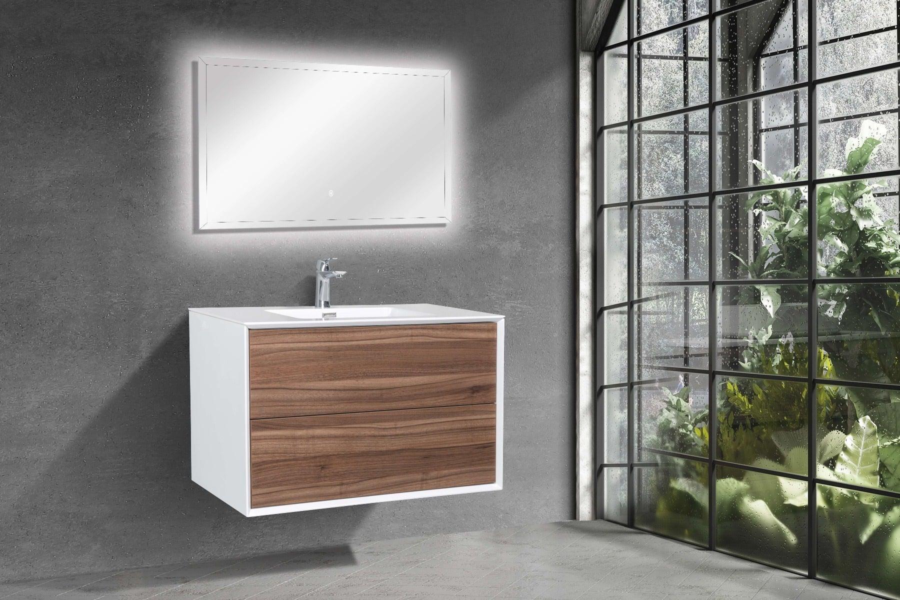 36" Walnut Wall Mount Vanity with White Polymarble Countertop - Image 7