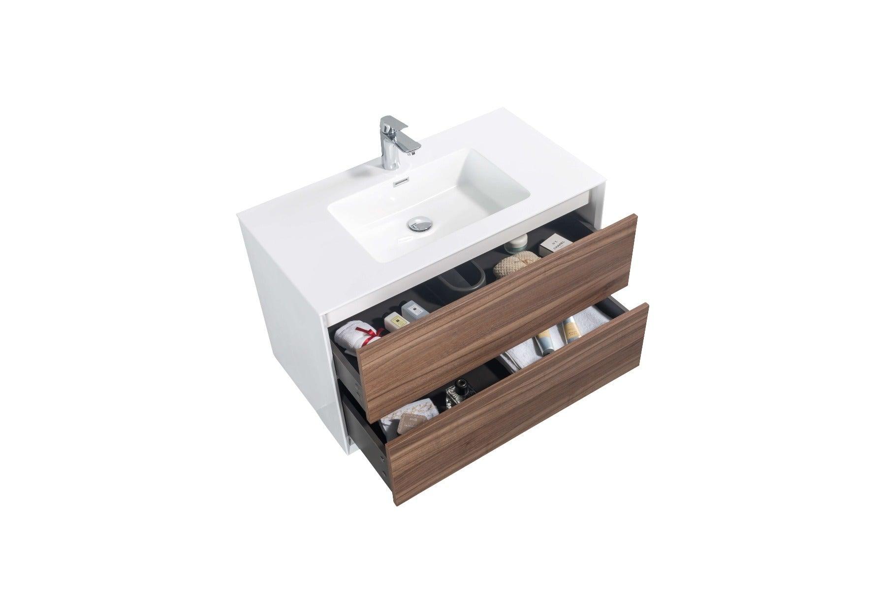 36" Walnut Wall Mount Vanity with White Polymarble Countertop - Image 4